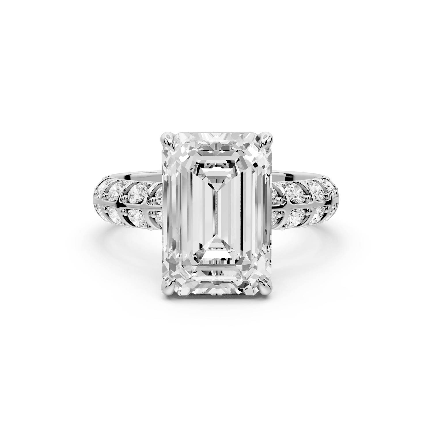 Jessica - 4ct 18k white gold Emerald Split-Shank Engagement Ring with Double-Row Shared-Prong Pavé Band - Mr. Alex Jewelry