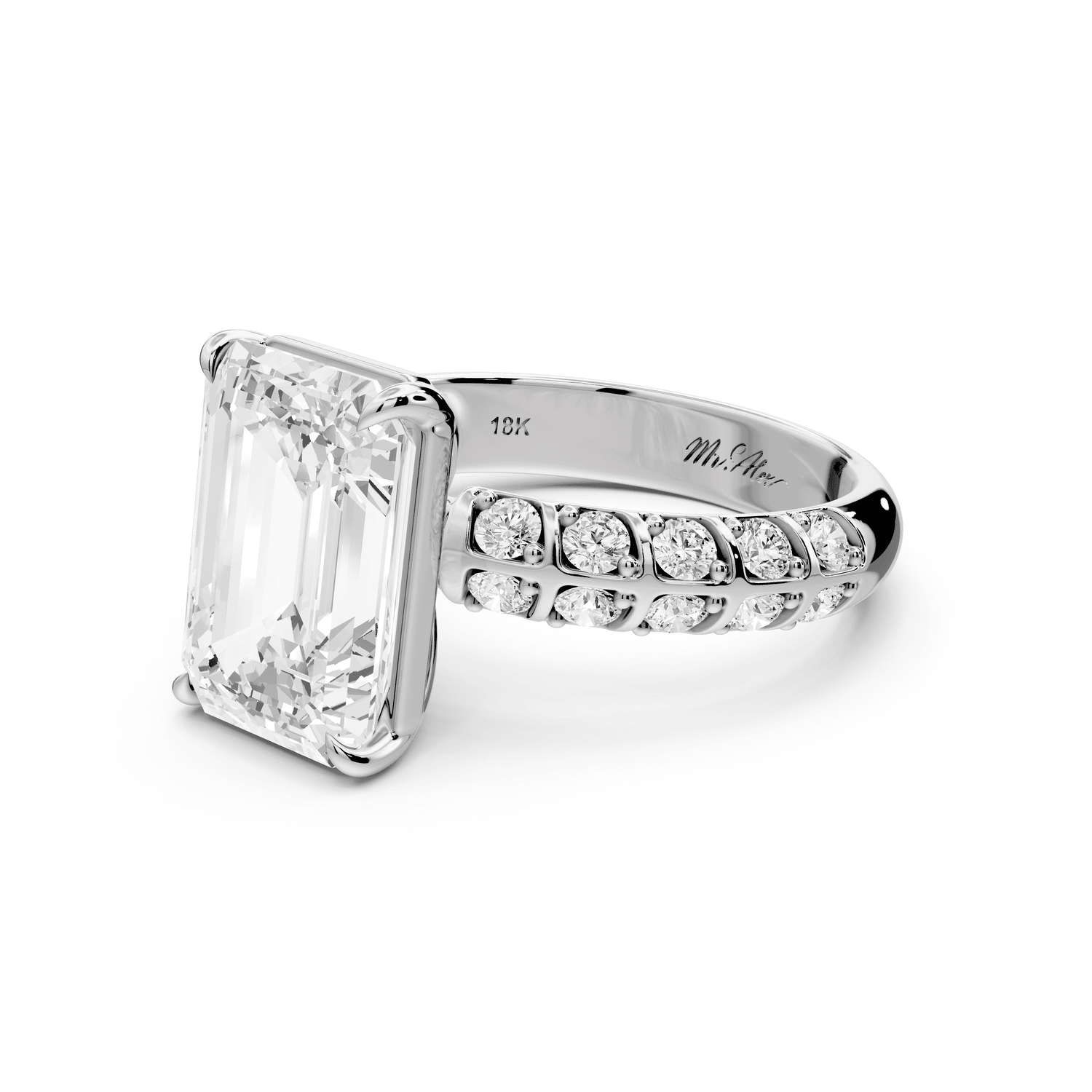 Jessica - 4ct 18k white gold Emerald Split-Shank Engagement Ring with Double-Row Shared-Prong Pavé Band - Mr. Alex Jewelry