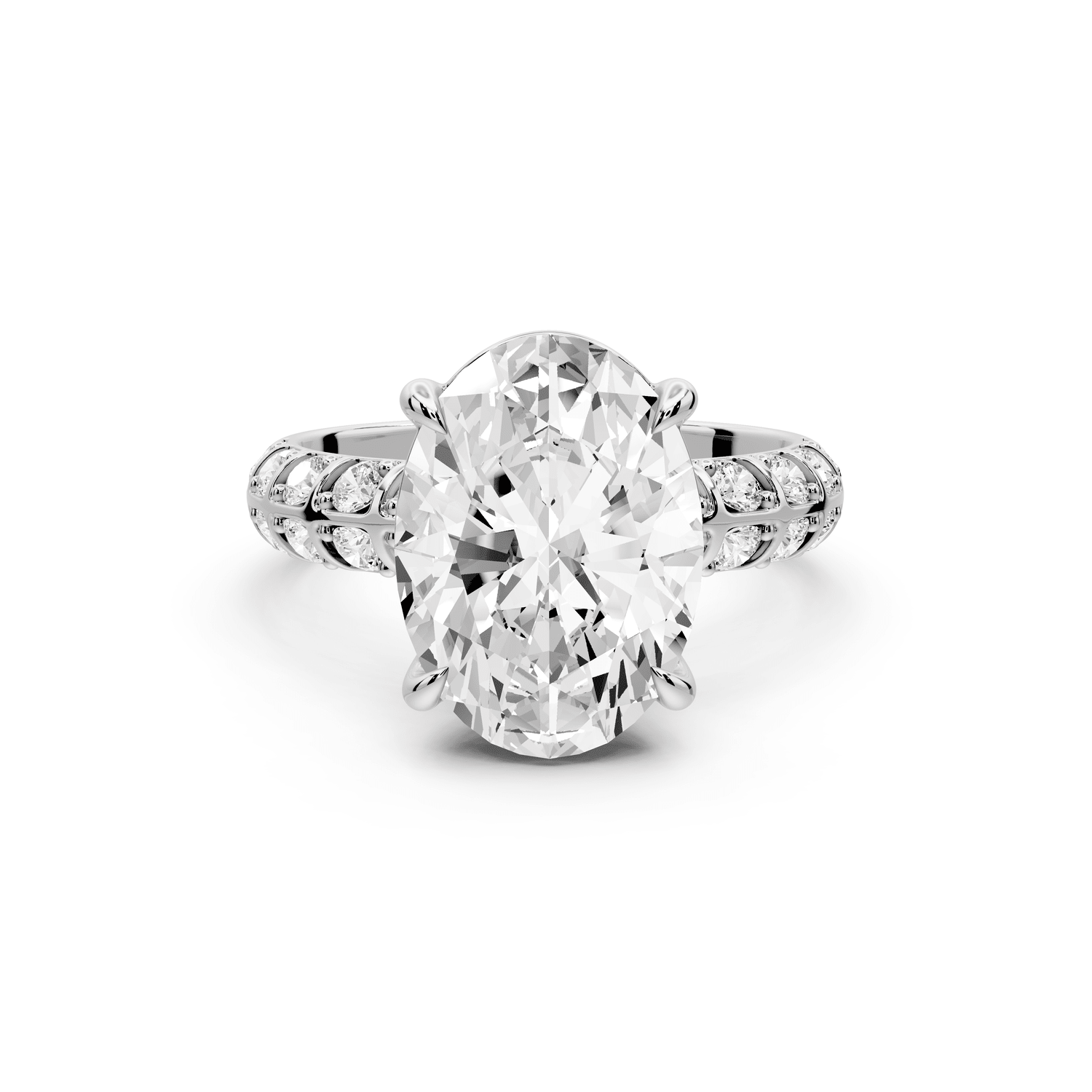 Jessica - 4ct 18k white gold Oval Split-Shank Engagement Ring with Double-Row Shared-Prong Pavé Band - Mr. Alex Jewelry