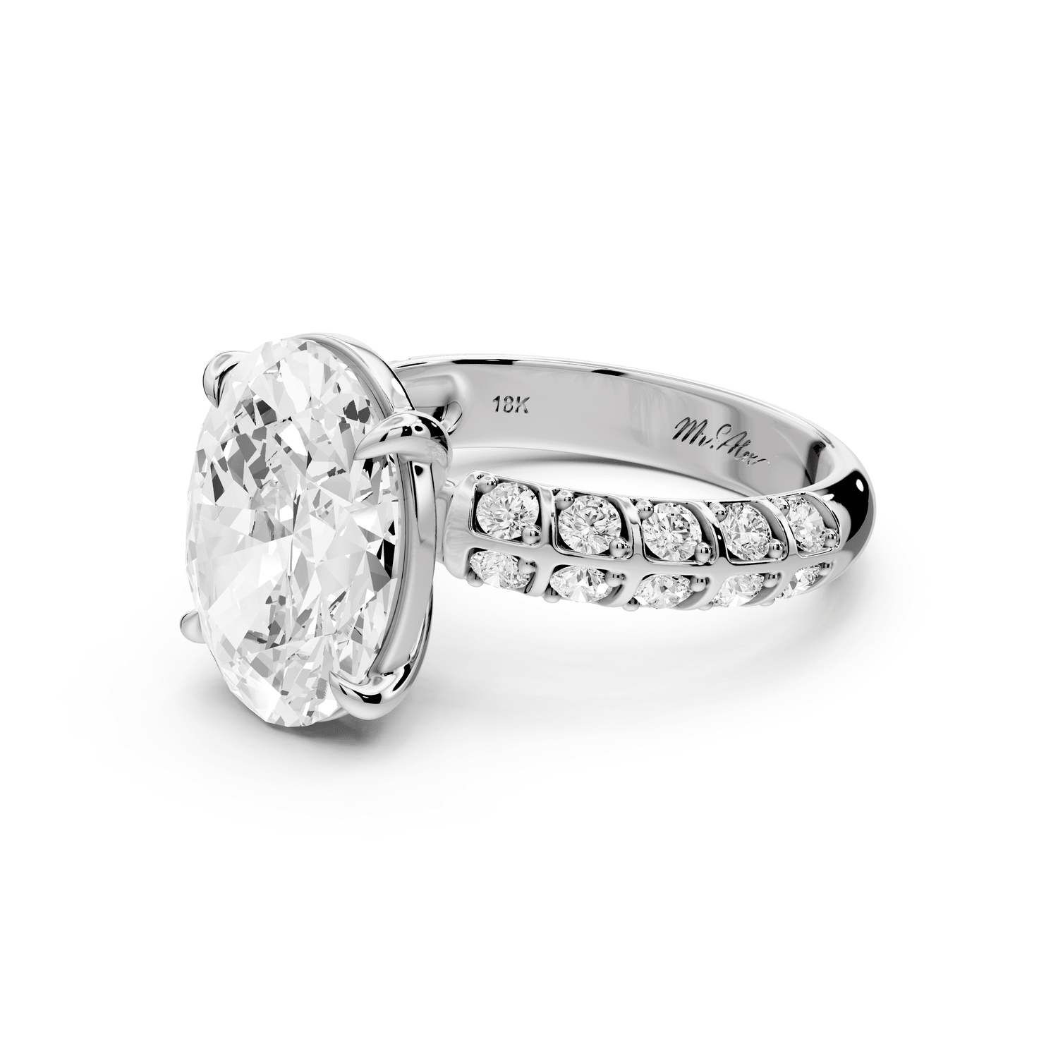 Jessica - 4ct 18k white gold Oval Split-Shank Engagement Ring with Double-Row Shared-Prong Pavé Band - Mr. Alex Jewelry