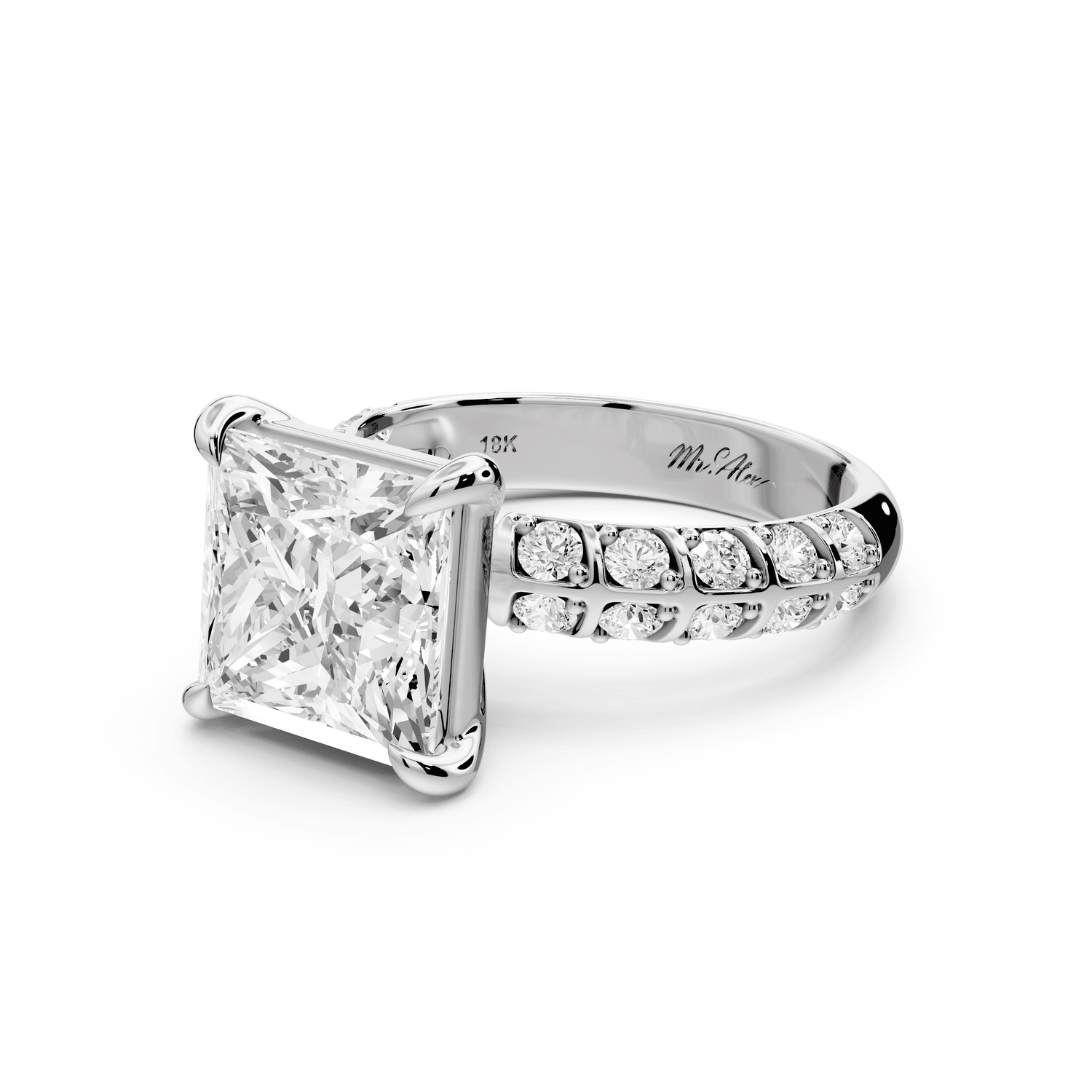 Jessica - 4ct 18k white gold Princess Split-Shank Engagement Ring with Double-Row Shared-Prong Pavé Band - Mr. Alex Jewelry