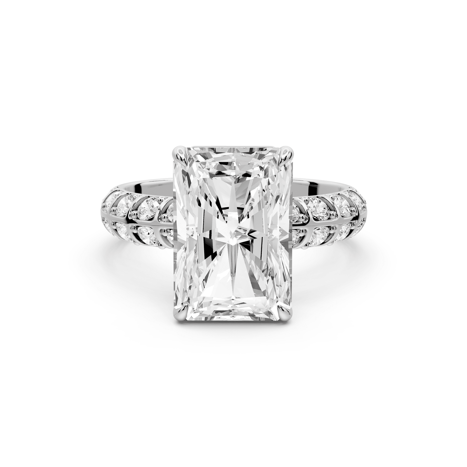 Jessica - 4ct 18k white gold Radiant Split-Shank Engagement Ring with Double-Row Shared-Prong Pavé Band - Mr. Alex Jewelry