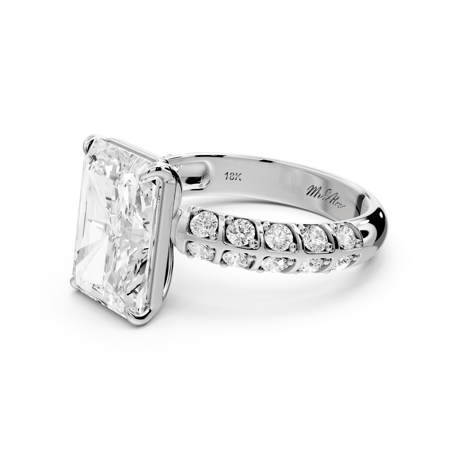 Jessica - 4ct 18k white gold Radiant Split-Shank Engagement Ring with Double-Row Shared-Prong Pavé Band - Mr. Alex Jewelry