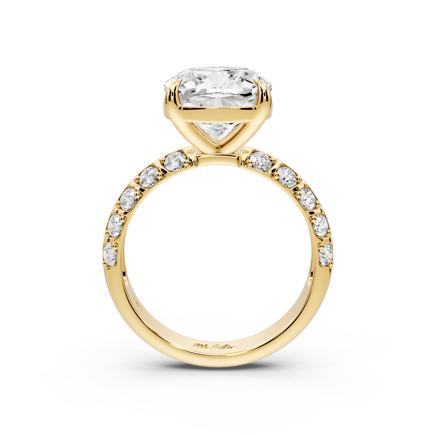 Jessica - 4ct 18k yellow gold Cushion Split-Shank Engagement Ring with Double-Row Shared-Prong Pavé Band - Mr. Alex Jewelry