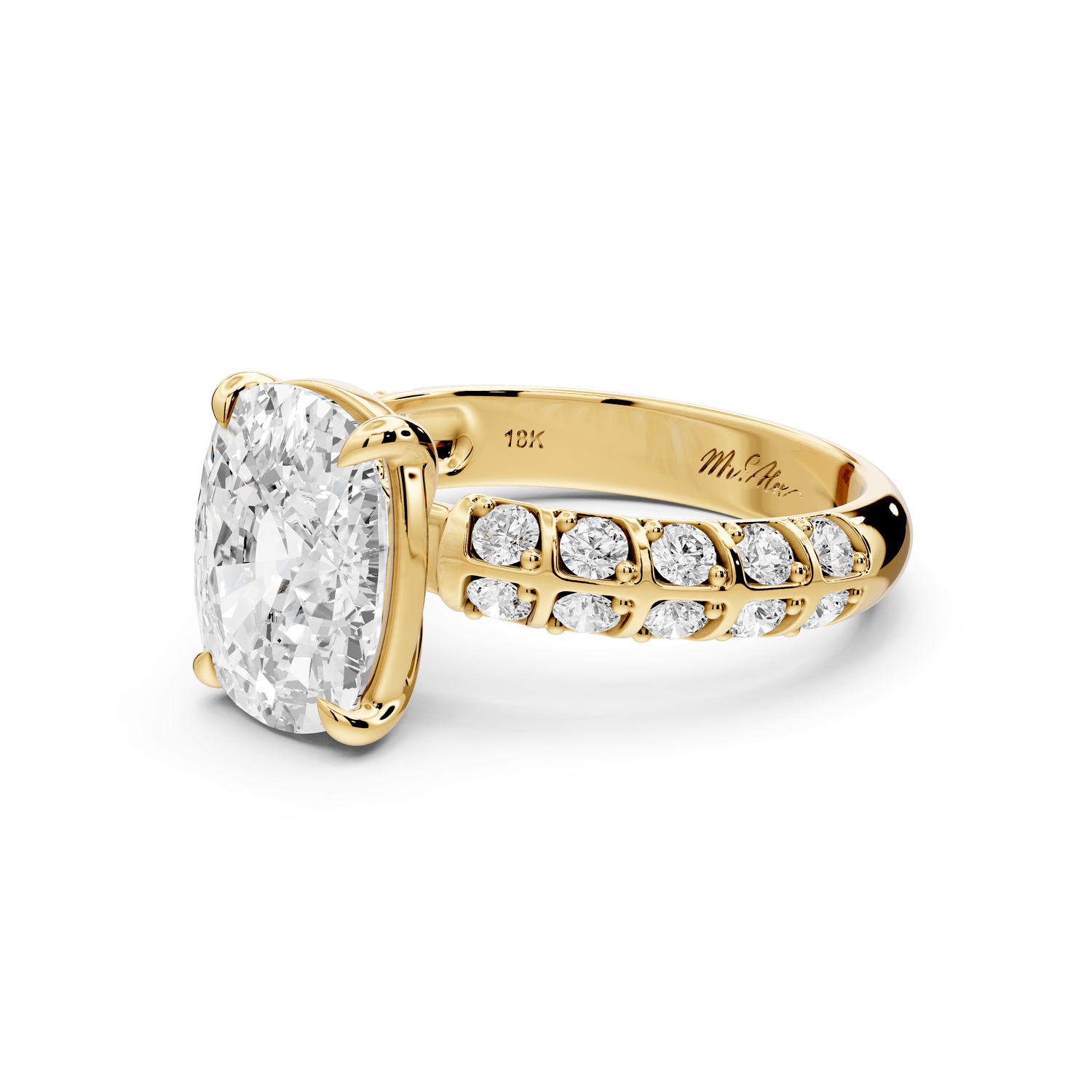 Jessica - 4ct 18k yellow gold Ecushion Split-Shank Engagement Ring with Double-Row Shared-Prong Pavé Band - Mr. Alex Jewelry