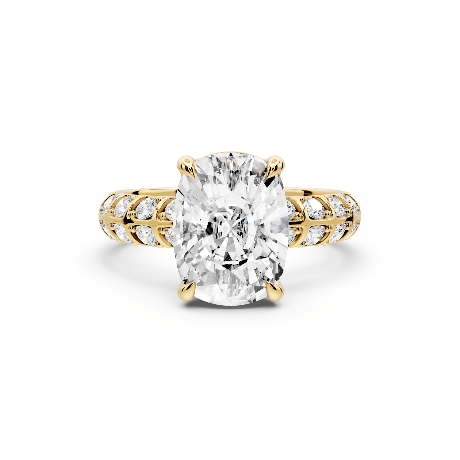 Jessica - 4ct 18k yellow gold Ecushion Split-Shank Engagement Ring with Double-Row Shared-Prong Pavé Band - Mr. Alex Jewelry