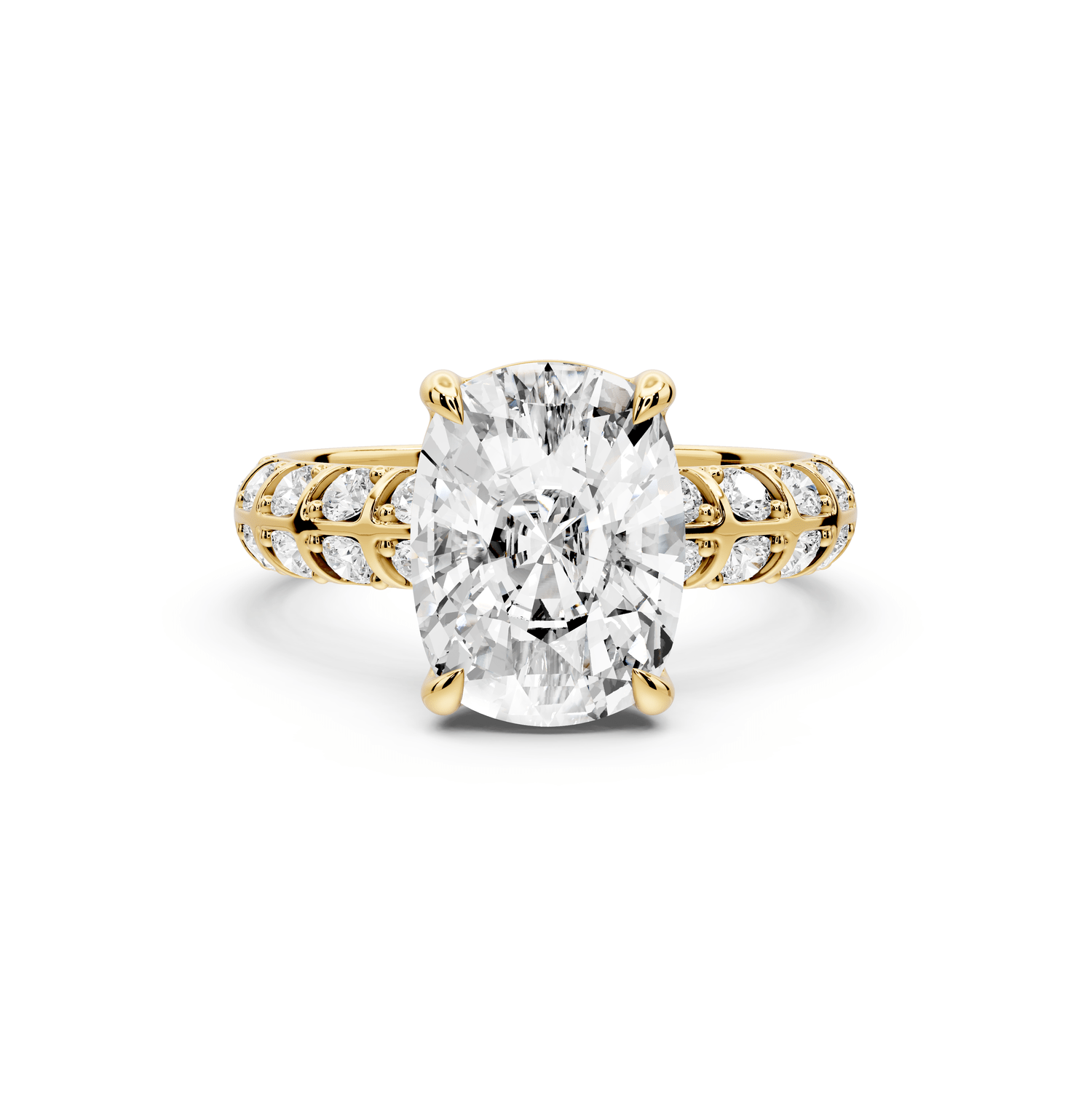 Jessica - 4ct 18k yellow gold Ecushion Split-Shank Engagement Ring with Double-Row Shared-Prong Pavé Band - Mr. Alex Jewelry