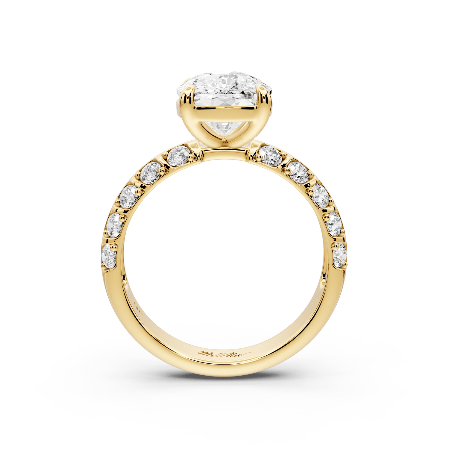 Jessica - 4ct 18k yellow gold Ecushion Split-Shank Engagement Ring with Double-Row Shared-Prong Pavé Band - Mr. Alex Jewelry