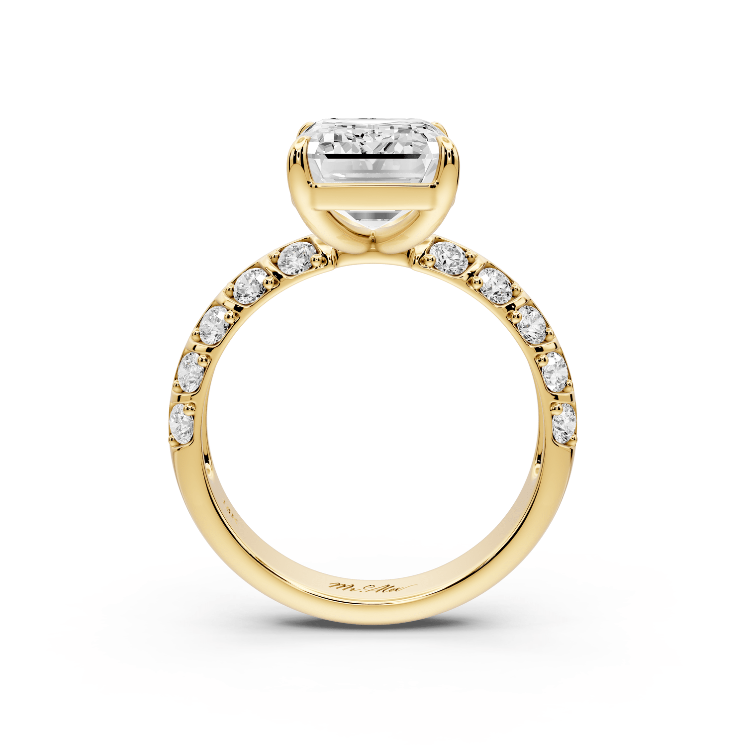 Jessica - 4ct 18k yellow gold Emerald Split-Shank Engagement Ring with Double-Row Shared-Prong Pavé Band - Mr. Alex Jewelry