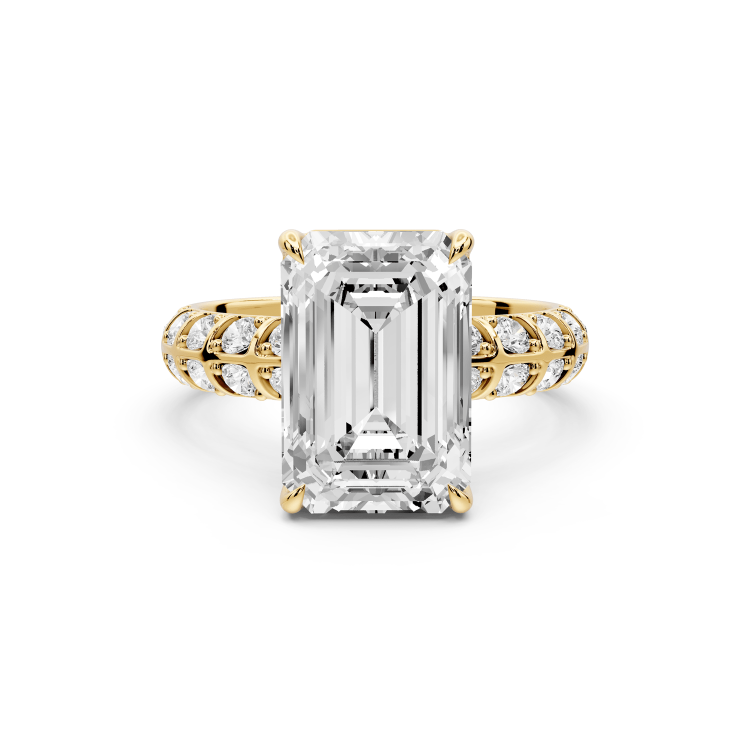 Jessica - 4ct 18k yellow gold Emerald Split-Shank Engagement Ring with Double-Row Shared-Prong Pavé Band - Mr. Alex Jewelry