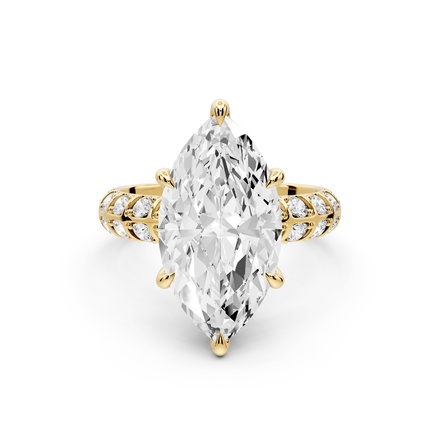 Jessica - 4ct 18k yellow gold Marquise Split-Shank Engagement Ring with Double-Row Shared-Prong Pavé Band - Mr. Alex Jewelry