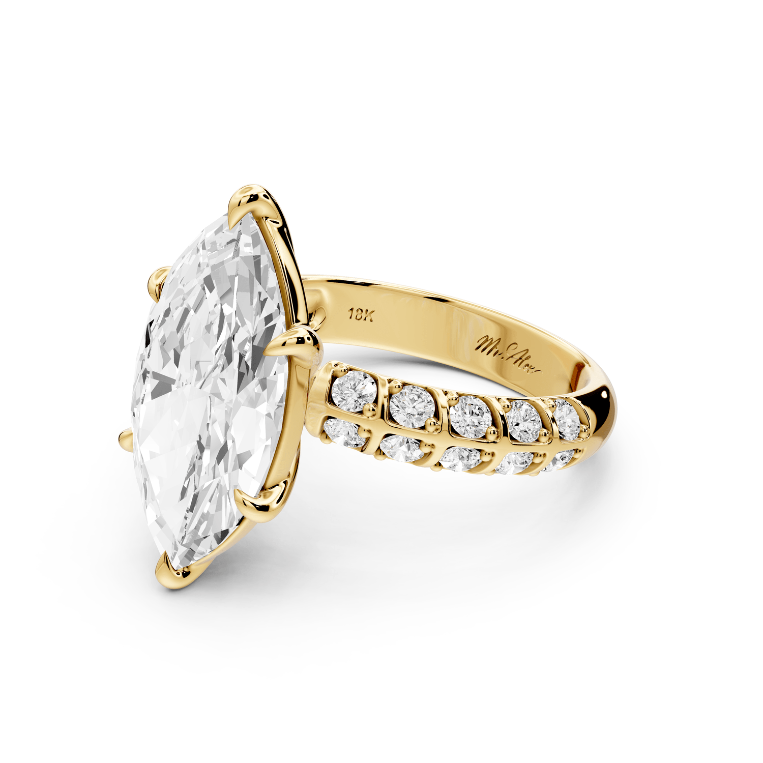 Jessica - 4ct 18k yellow gold Marquise Split-Shank Engagement Ring with Double-Row Shared-Prong Pavé Band - Mr. Alex Jewelry