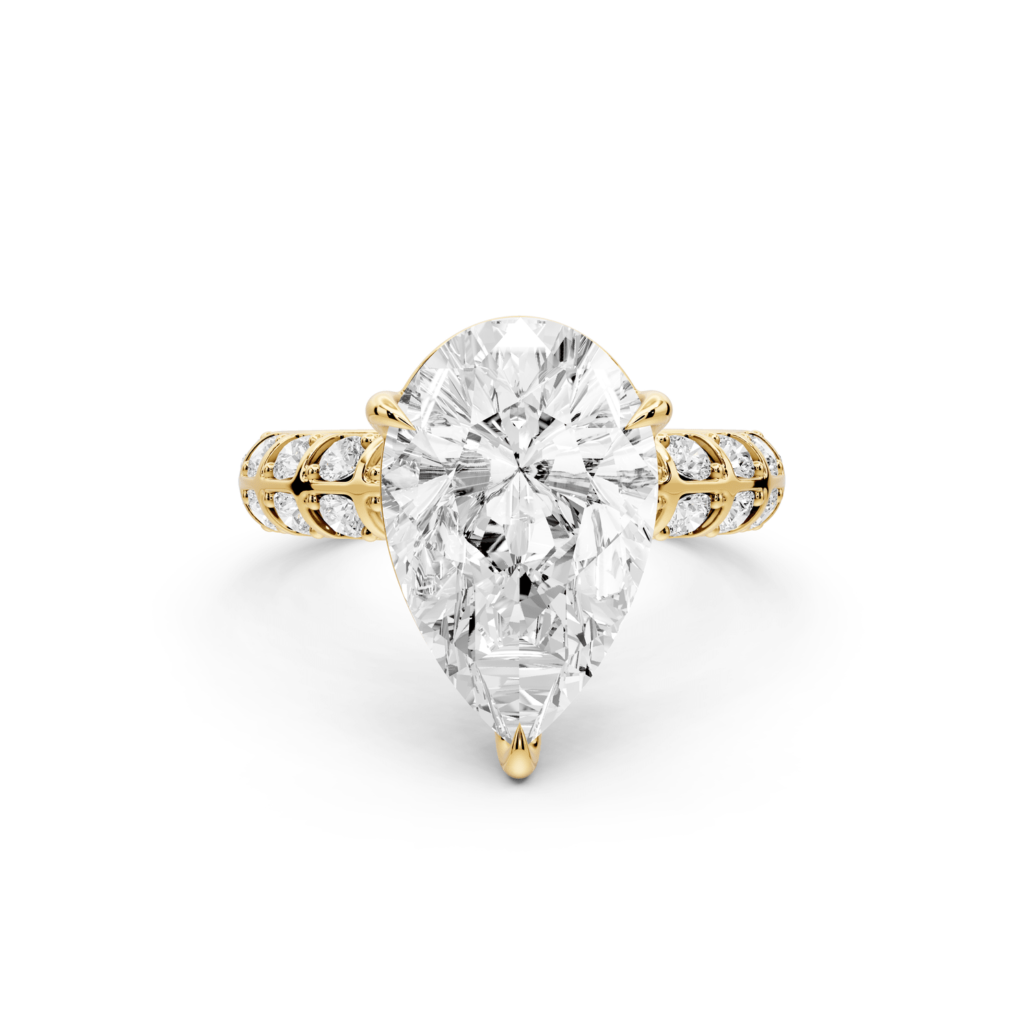 Jessica - 4ct 18k yellow gold Pear Split-Shank Engagement Ring with Double-Row Shared-Prong Pavé Band - Mr. Alex Jewelry
