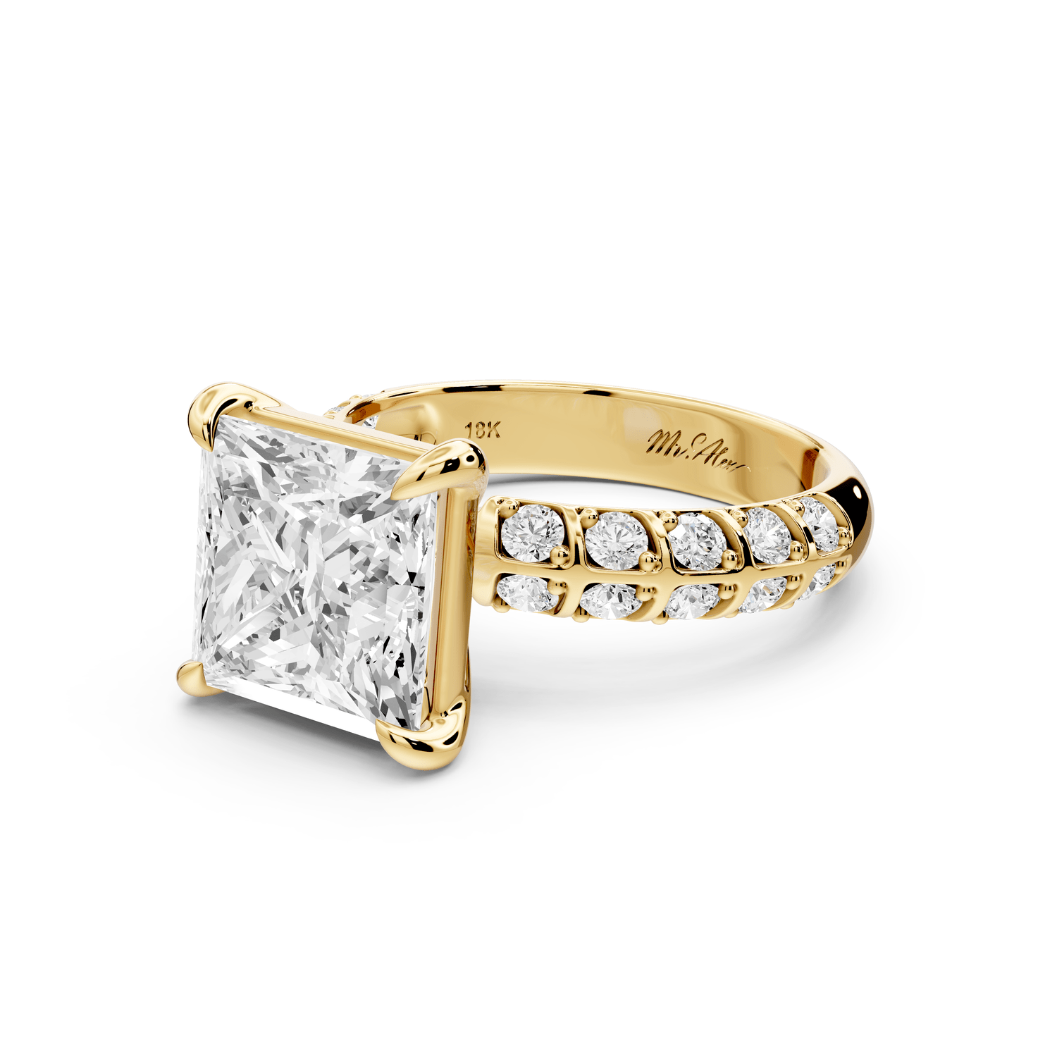 Jessica - 4ct 18k yellow gold Princess Split-Shank Engagement Ring with Double-Row Shared-Prong Pavé Band - Mr. Alex Jewelry