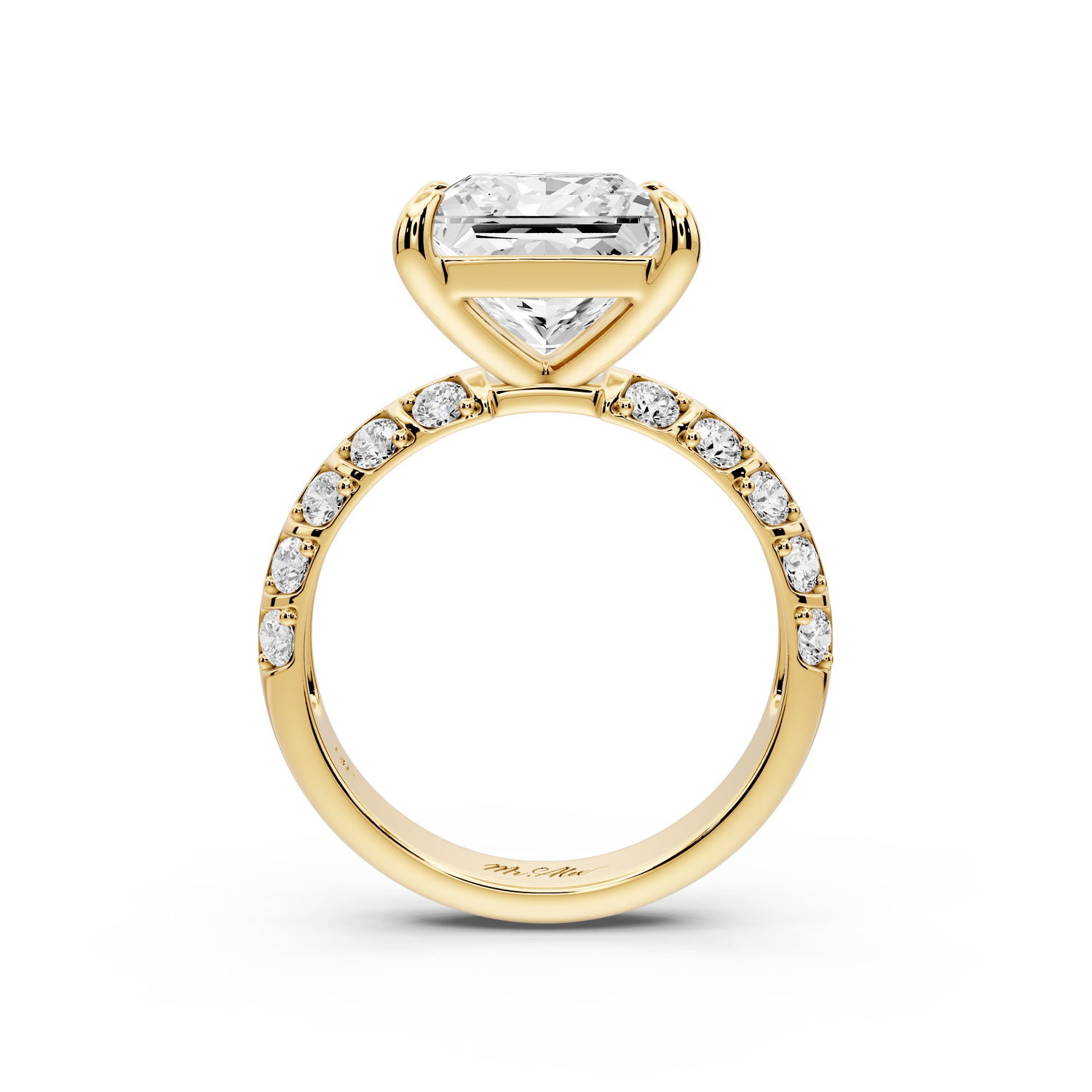 Jessica - 4ct 18k yellow gold Princess Split-Shank Engagement Ring with Double-Row Shared-Prong Pavé Band - Mr. Alex Jewelry