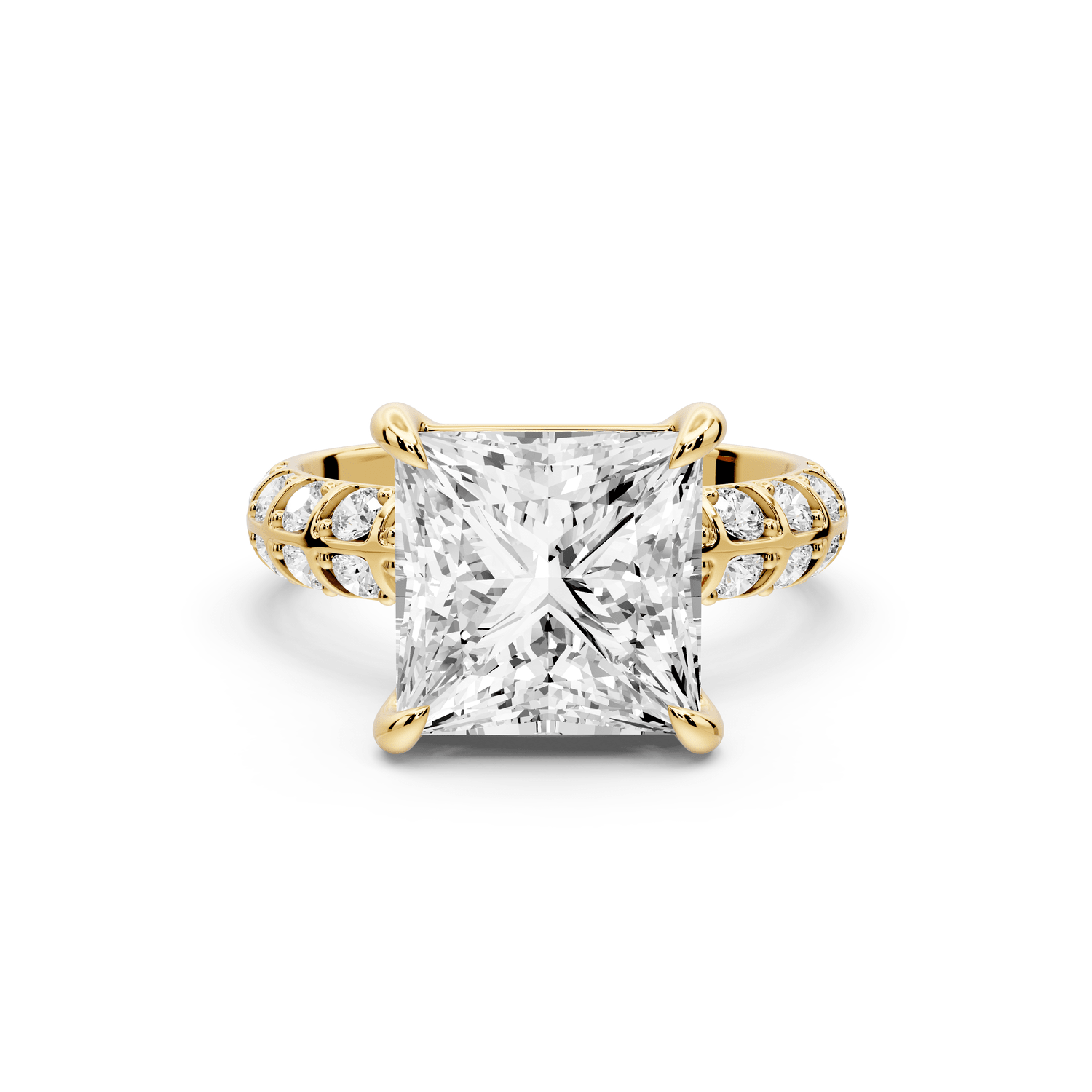 Jessica - 4ct 18k yellow gold Princess Split-Shank Engagement Ring with Double-Row Shared-Prong Pavé Band - Mr. Alex Jewelry