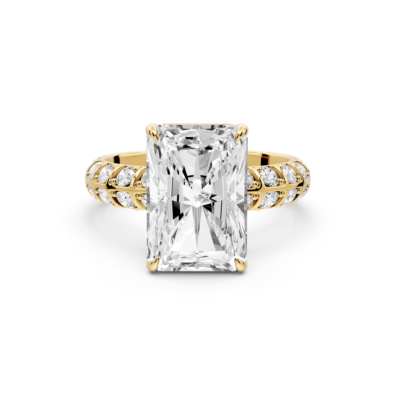 Jessica - 4ct 18k yellow gold Radiant Split-Shank Engagement Ring with Double-Row Shared-Prong Pavé Band - Mr. Alex Jewelry