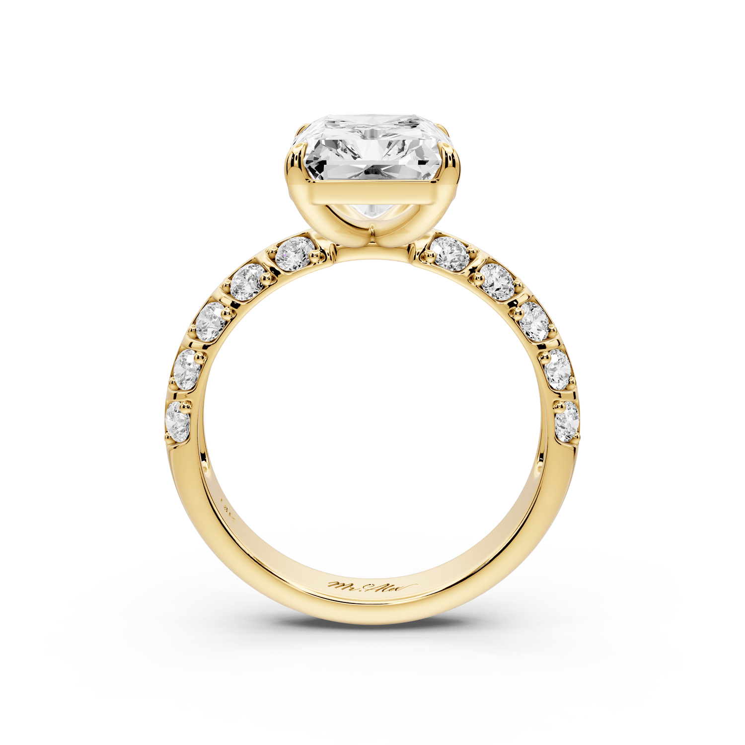 Jessica - 4ct 18k yellow gold Radiant Split-Shank Engagement Ring with Double-Row Shared-Prong Pavé Band - Mr. Alex Jewelry