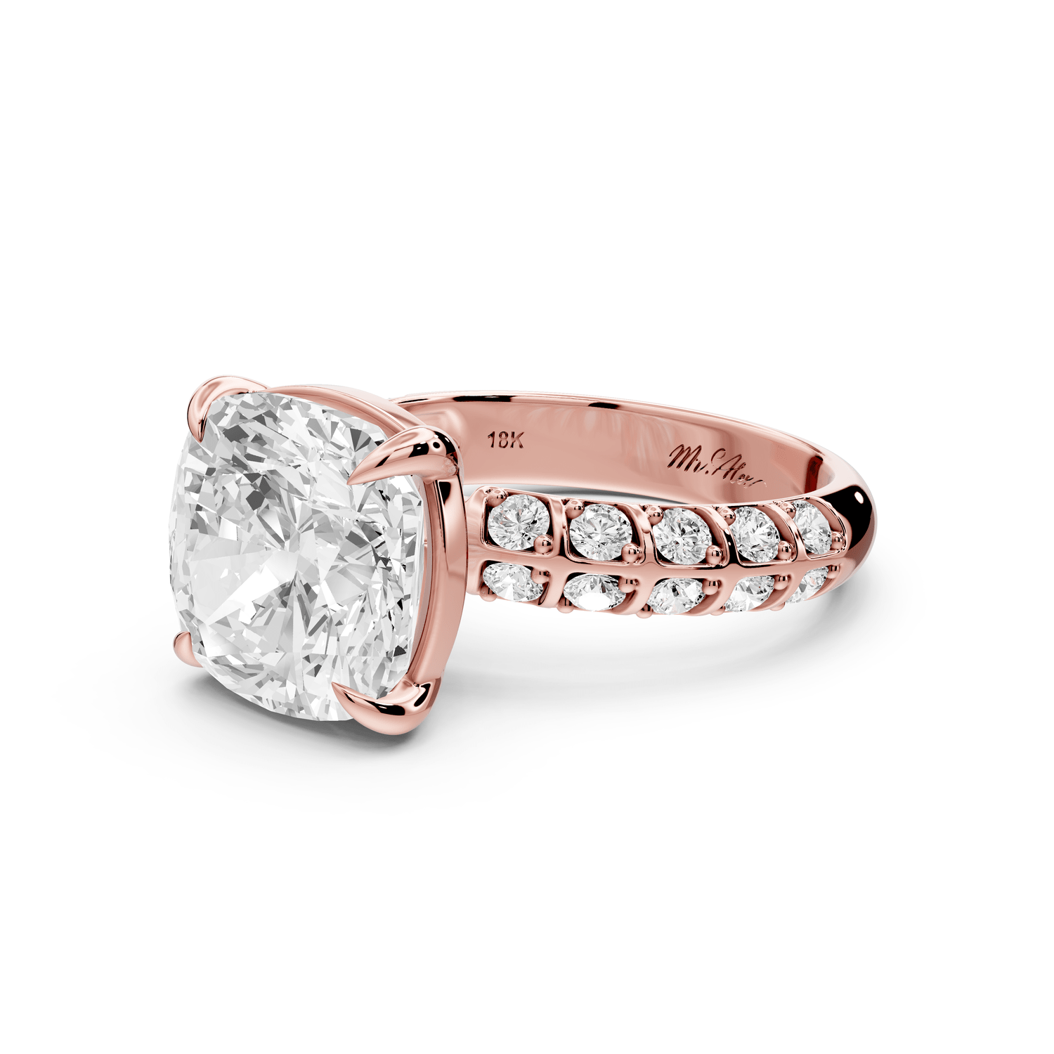 Jessica - 5ct 14k rose gold Cushion Split-Shank Engagement Ring with Double-Row Shared-Prong Pavé Band - Mr. Alex Jewelry