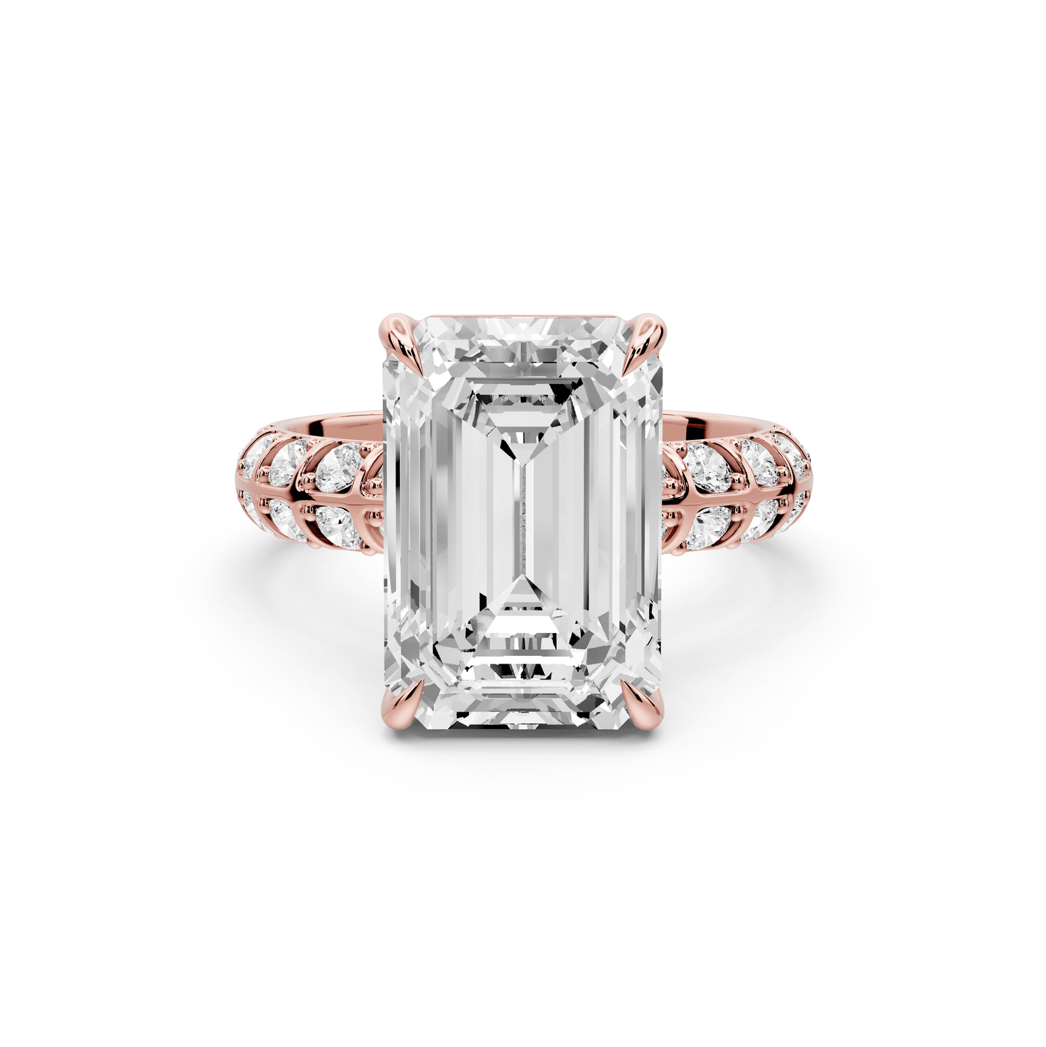 Jessica - 5ct 14k rose gold Emerald Split-Shank Engagement Ring with Double-Row Shared-Prong Pavé Band - Mr. Alex Jewelry