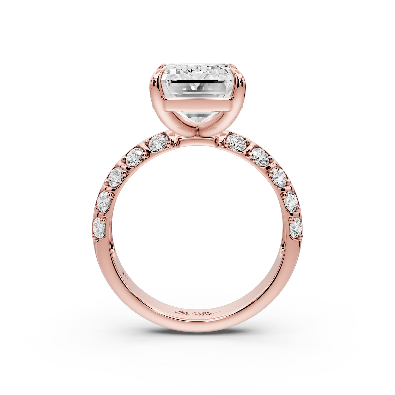 Jessica - 5ct 14k rose gold Emerald Split-Shank Engagement Ring with Double-Row Shared-Prong Pavé Band - Mr. Alex Jewelry