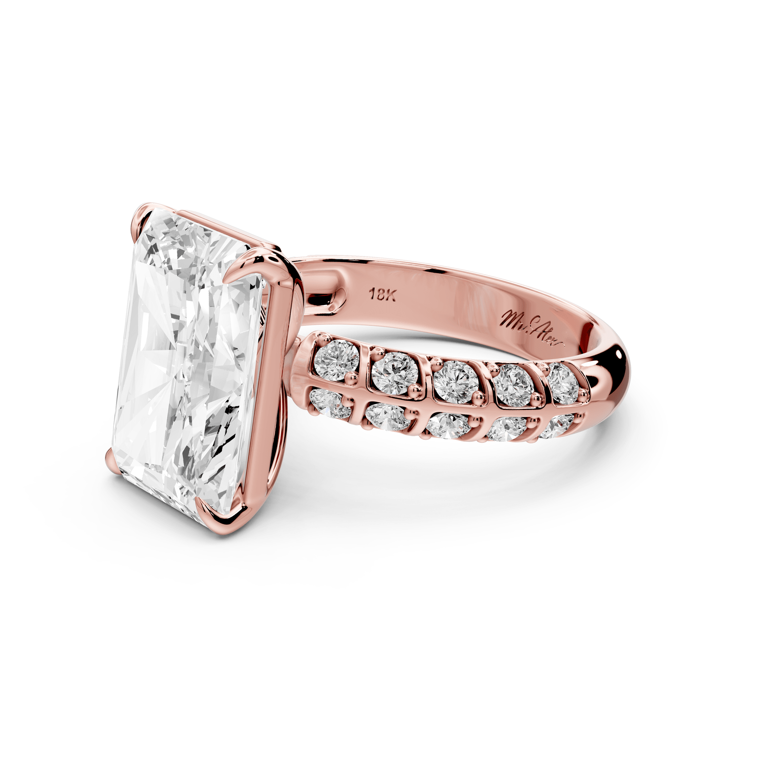 Jessica - 5ct 14k rose gold Radiant Split-Shank Engagement Ring with Double-Row Shared-Prong Pavé Band - Mr. Alex Jewelry