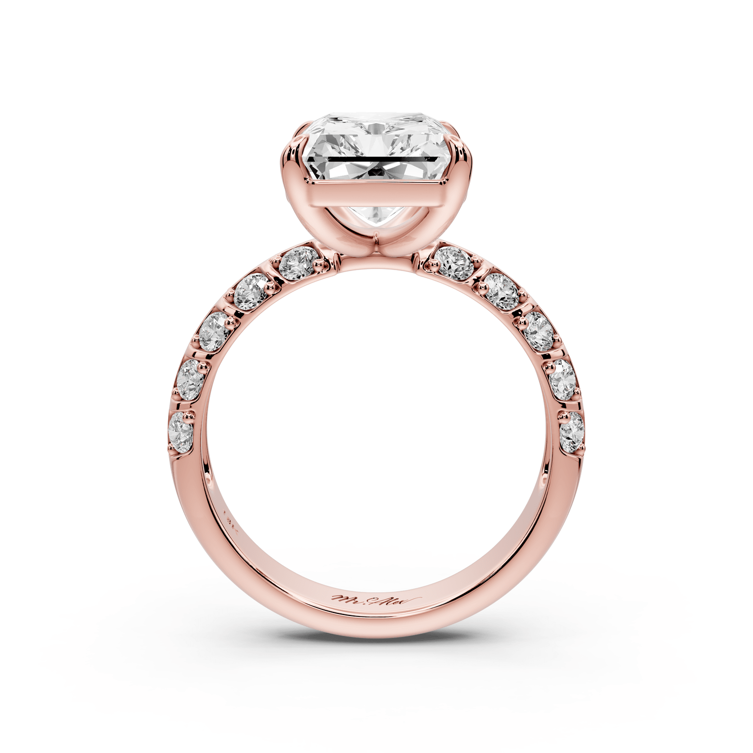 Jessica - 5ct 14k rose gold Radiant Split-Shank Engagement Ring with Double-Row Shared-Prong Pavé Band - Mr. Alex Jewelry