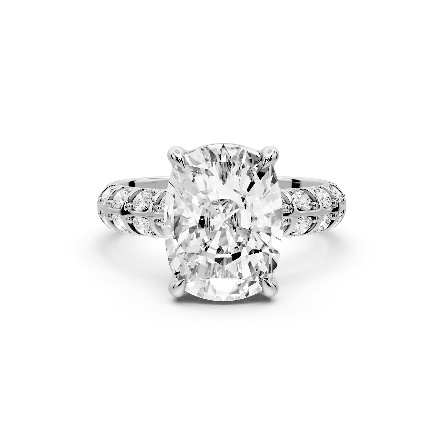 Jessica - 5ct 14k white gold Ecushion Split-Shank Engagement Ring with Double-Row Shared-Prong Pavé Band - Mr. Alex Jewelry