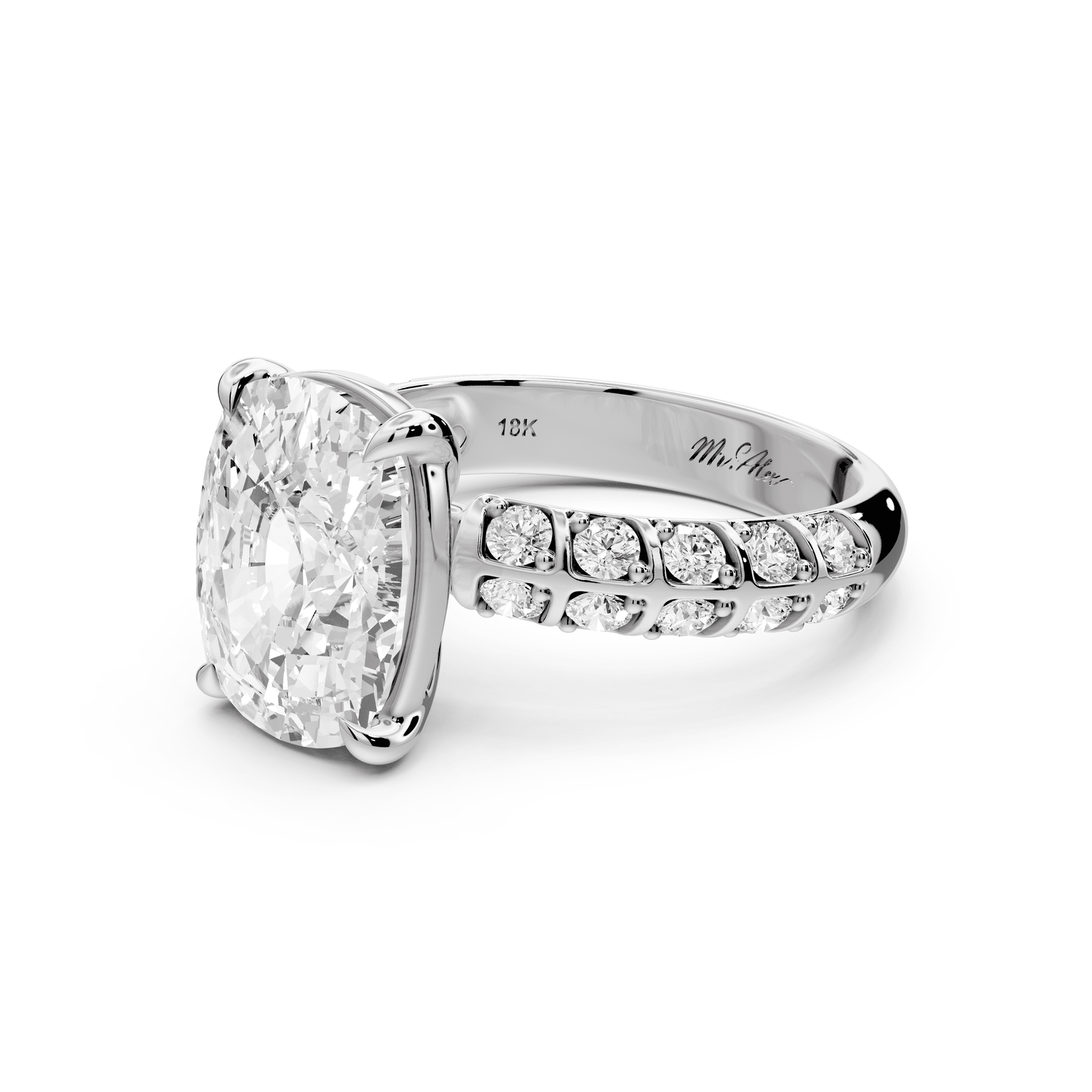 Jessica - 5ct 14k white gold Ecushion Split-Shank Engagement Ring with Double-Row Shared-Prong Pavé Band - Mr. Alex Jewelry