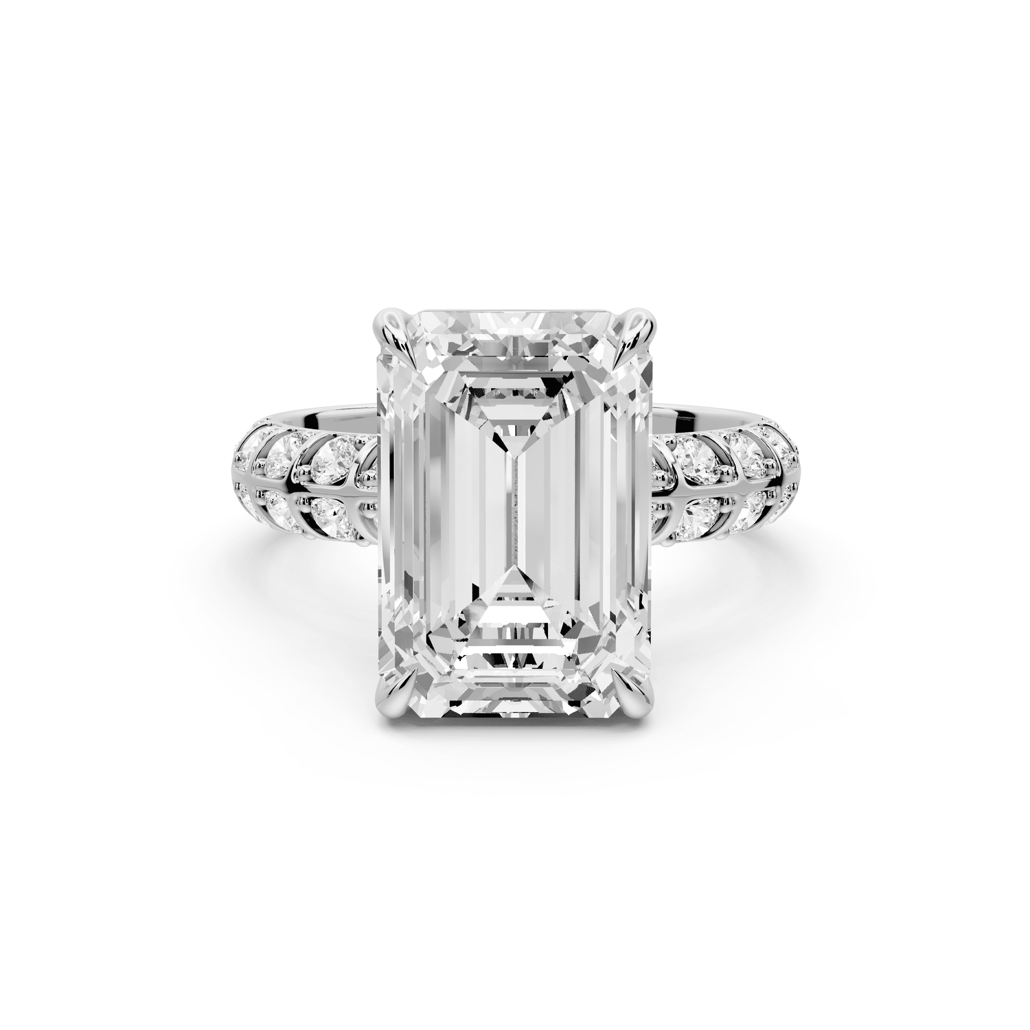 Jessica - 5ct 14k white gold Emerald Split-Shank Engagement Ring with Double-Row Shared-Prong Pavé Band - Mr. Alex Jewelry