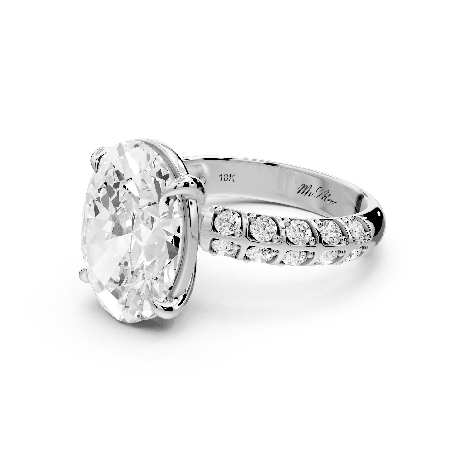 Jessica - 5ct 14k white gold Oval Split-Shank Engagement Ring with Double-Row Shared-Prong Pavé Band - Mr. Alex Jewelry