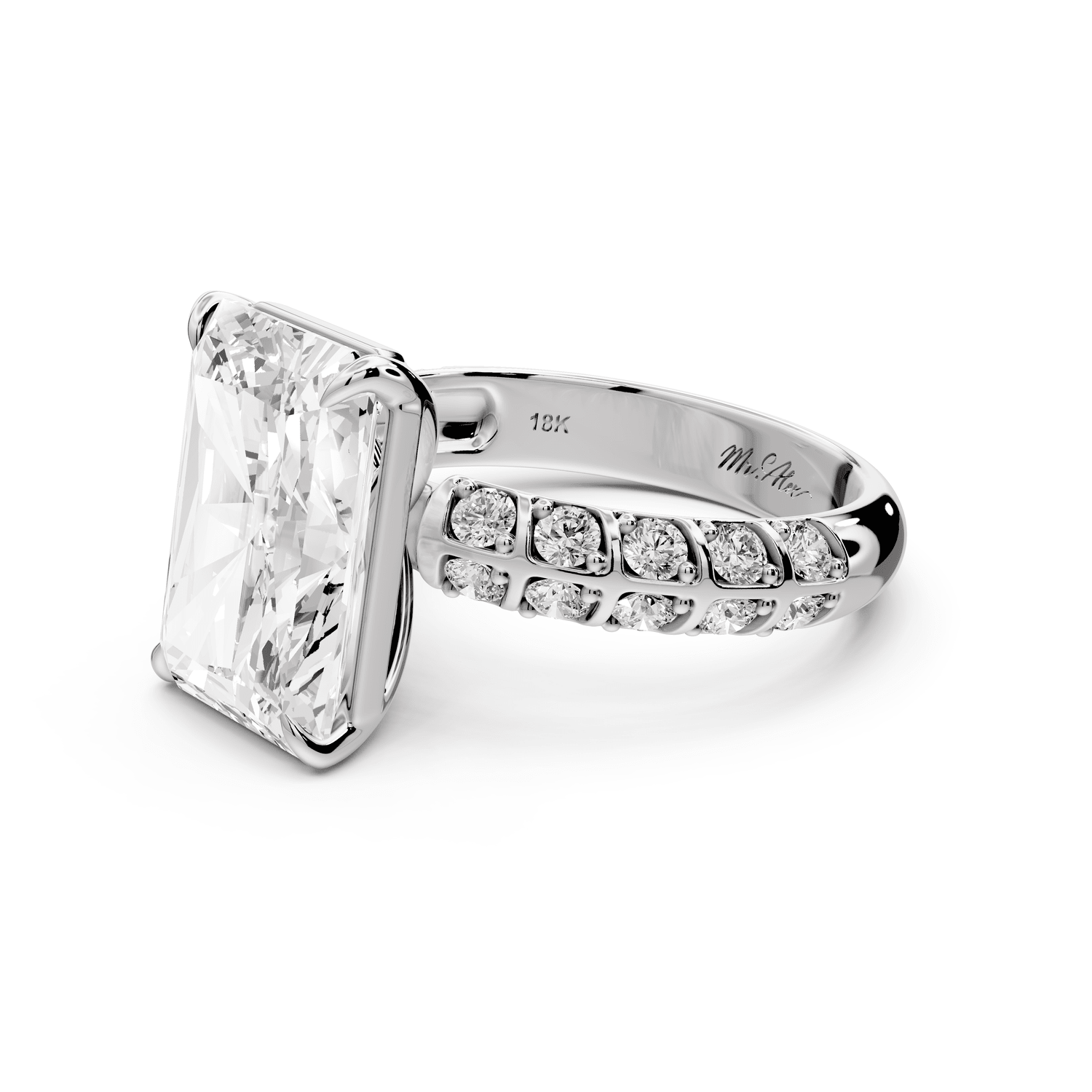 Jessica - 5ct 14k white gold Radiant Split-Shank Engagement Ring with Double-Row Shared-Prong Pavé Band - Mr. Alex Jewelry