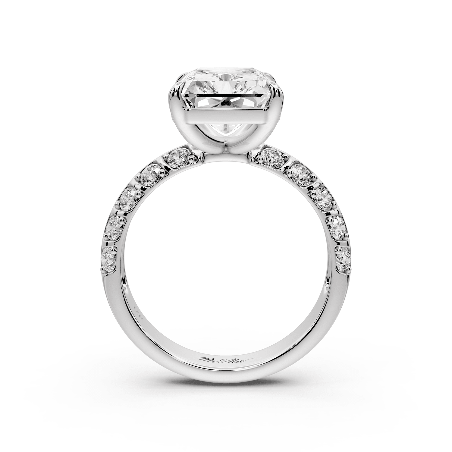 Jessica - 5ct 14k white gold Radiant Split-Shank Engagement Ring with Double-Row Shared-Prong Pavé Band - Mr. Alex Jewelry