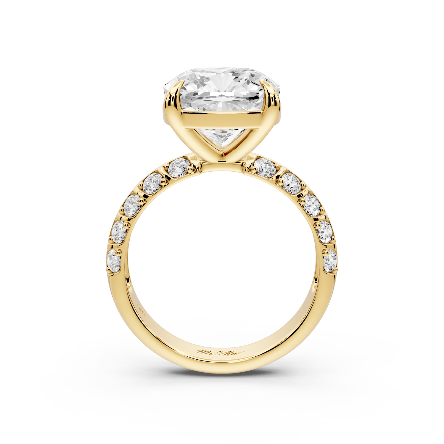 Jessica - 5ct 14k yellow gold Cushion Split-Shank Engagement Ring with Double-Row Shared-Prong Pavé Band - Mr. Alex Jewelry