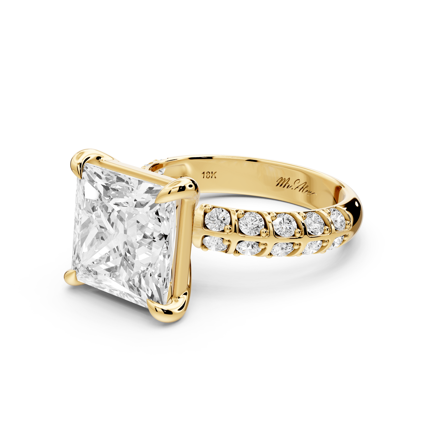 Jessica - 5ct 14k yellow gold Princess Split-Shank Engagement Ring with Double-Row Shared-Prong Pavé Band - Mr. Alex Jewelry