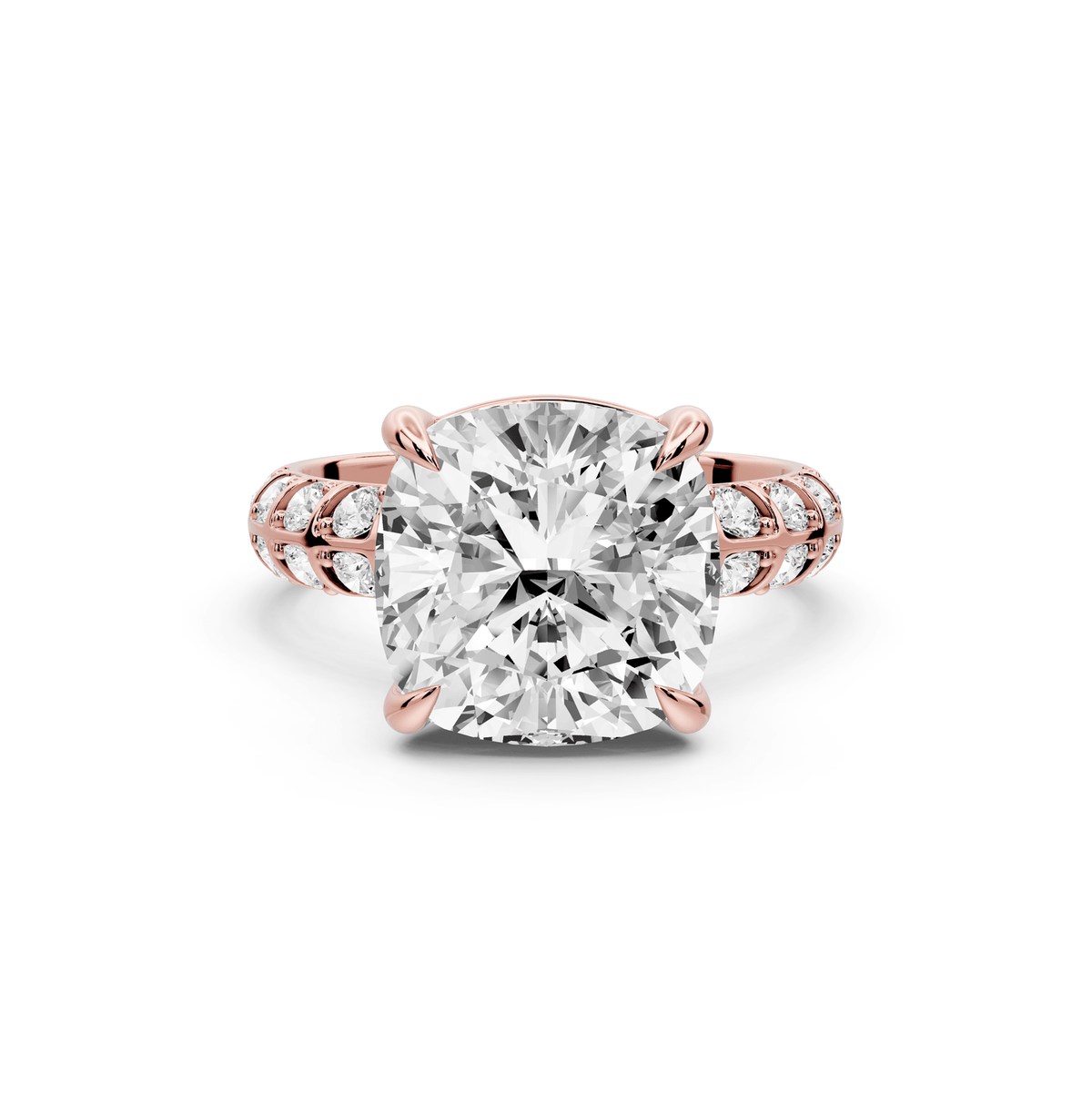 Jessica - 5ct 18k rose gold Cushion Split-Shank Engagement Ring with Double-Row Shared-Prong Pavé Band - Mr. Alex Jewelry
