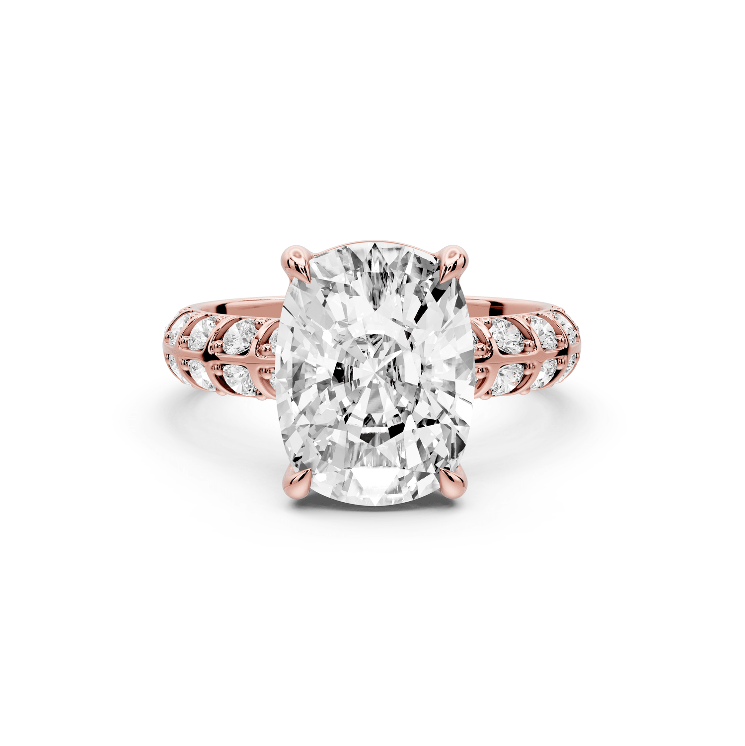 Jessica - 5ct 18k rose gold Ecushion Split-Shank Engagement Ring with Double-Row Shared-Prong Pavé Band - Mr. Alex Jewelry