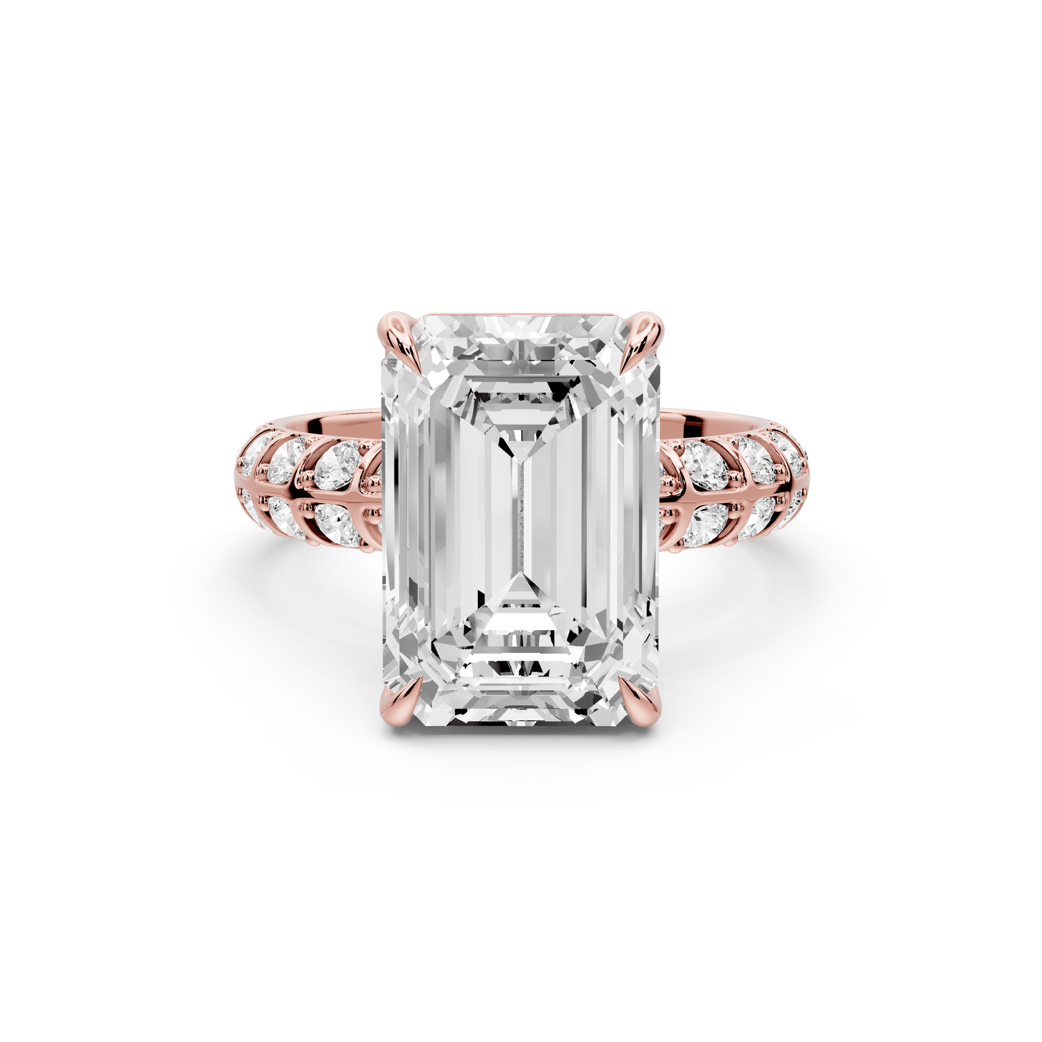 Jessica - 5ct 18k rose gold Emerald Split-Shank Engagement Ring with Double-Row Shared-Prong Pavé Band - Mr. Alex Jewelry
