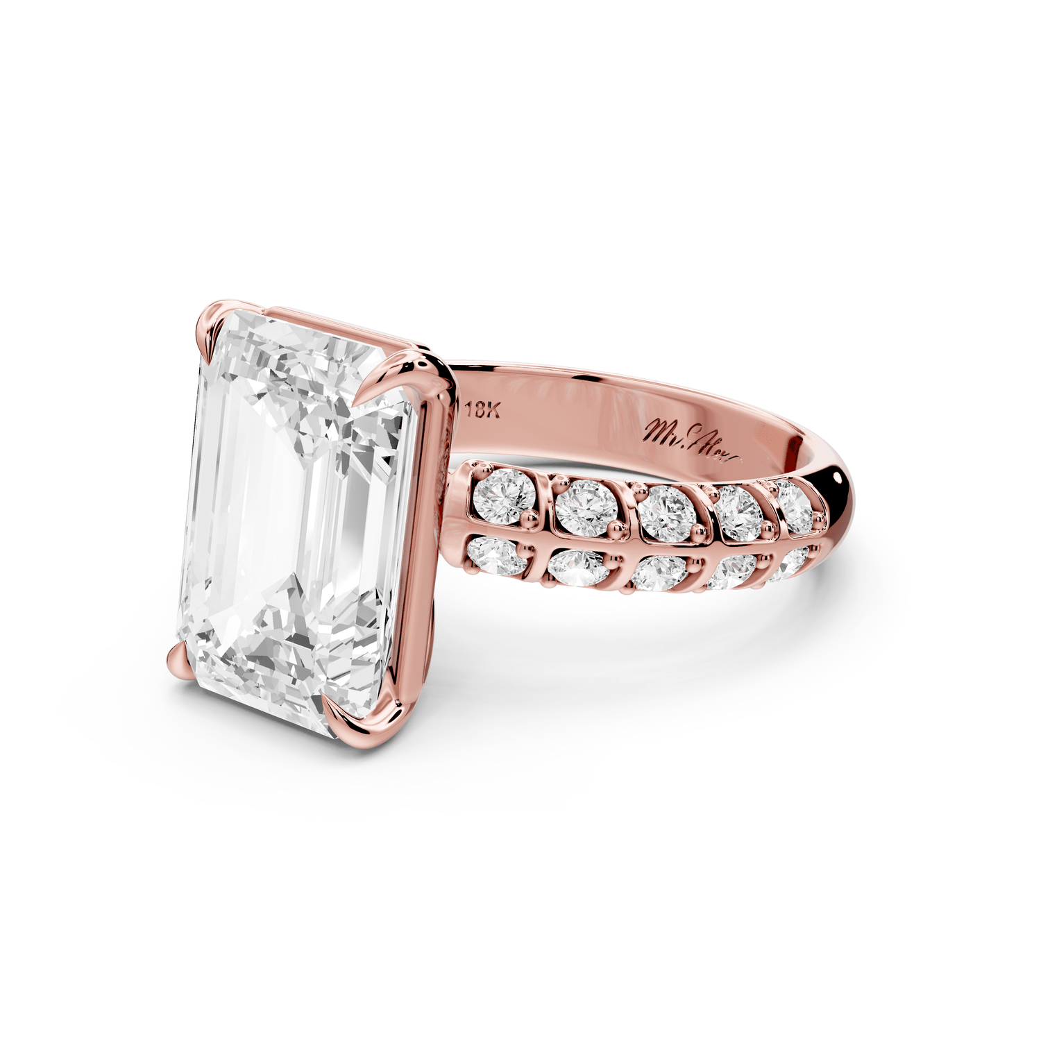 Jessica - 5ct 18k rose gold Emerald Split-Shank Engagement Ring with Double-Row Shared-Prong Pavé Band - Mr. Alex Jewelry
