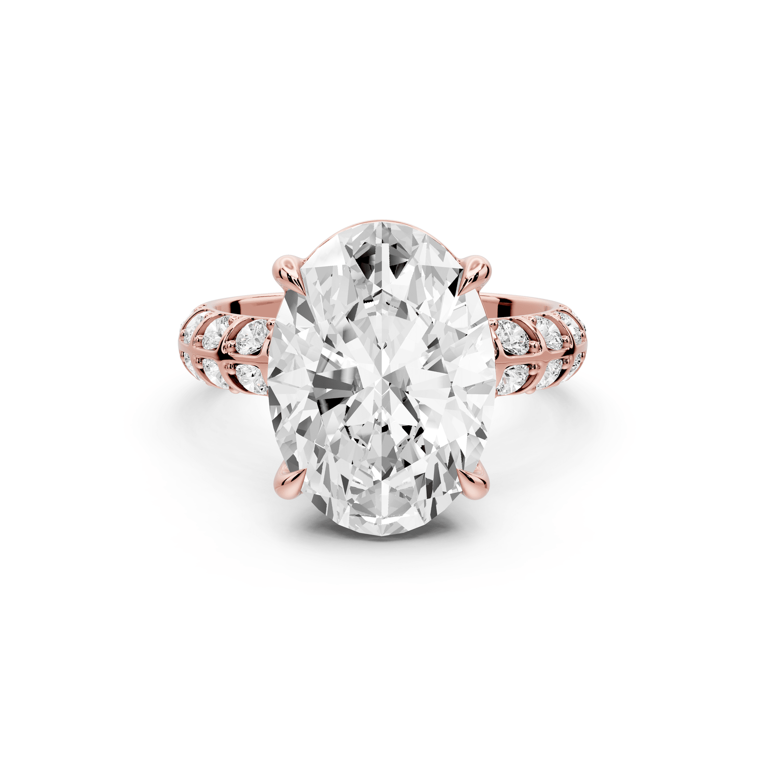 Jessica - 5ct 18k rose gold Oval Split-Shank Engagement Ring with Double-Row Shared-Prong Pavé Band - Mr. Alex Jewelry