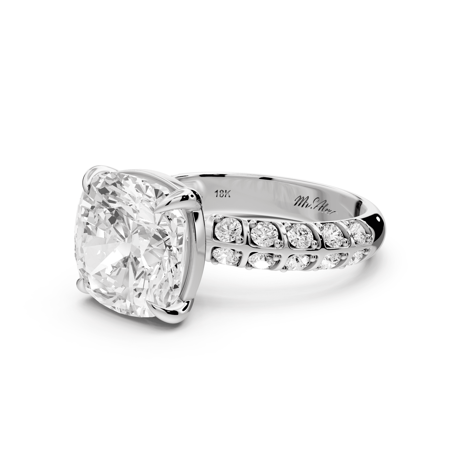 Jessica - 5ct 18k white gold Cushion Split-Shank Engagement Ring with Double-Row Shared-Prong Pavé Band - Mr. Alex Jewelry