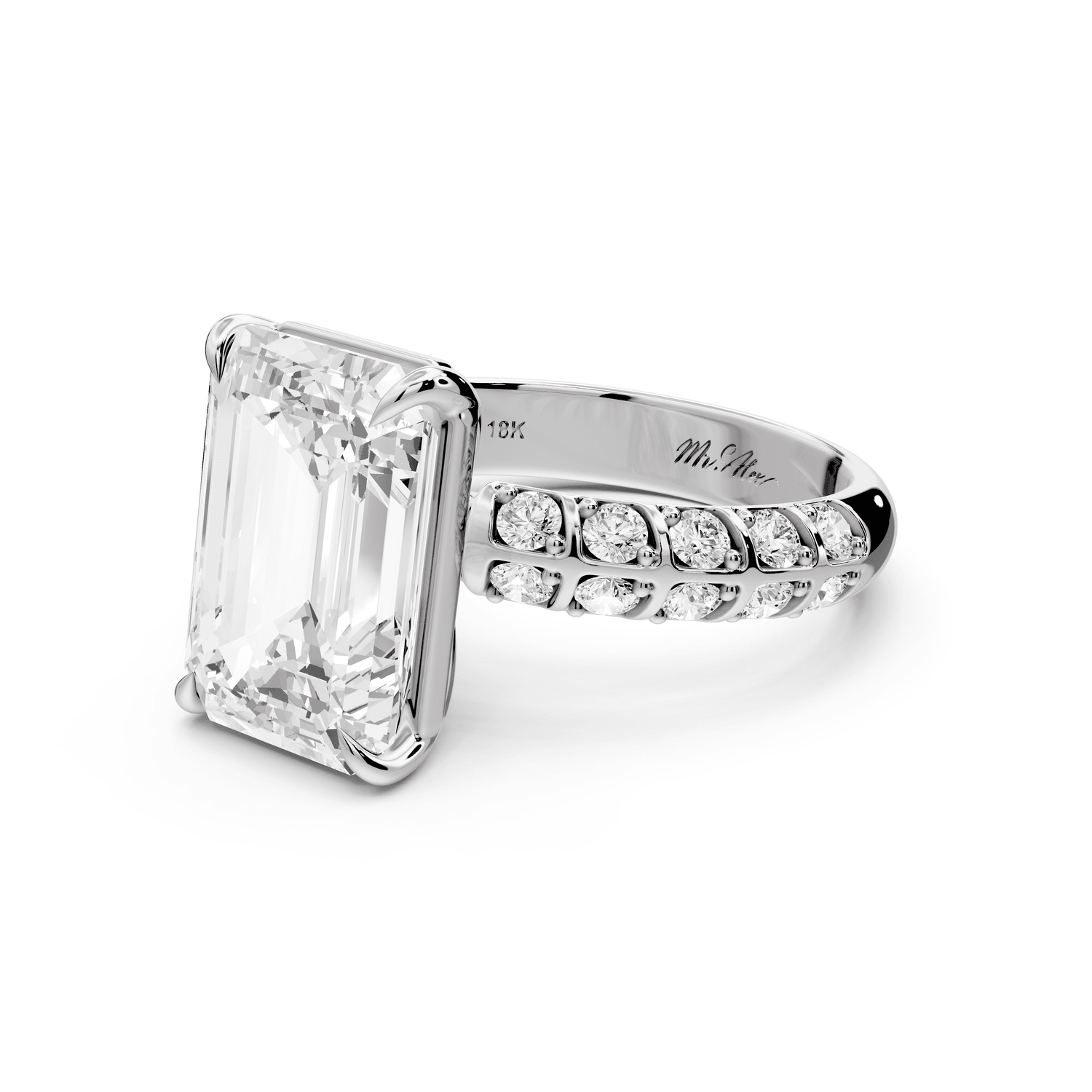 Jessica - 5ct 18k white gold Emerald Split-Shank Engagement Ring with Double-Row Shared-Prong Pavé Band - Mr. Alex Jewelry