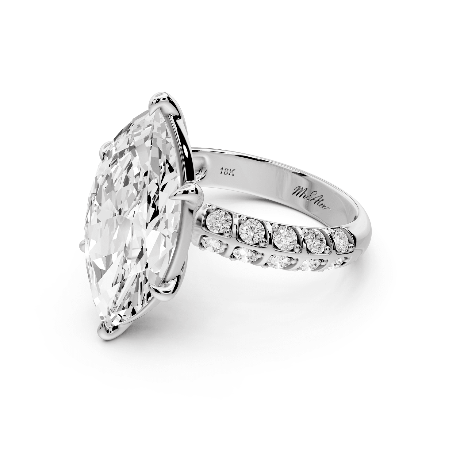 Jessica - 5ct 18k white gold Marquise Split-Shank Engagement Ring with Double-Row Shared-Prong Pavé Band - Mr. Alex Jewelry