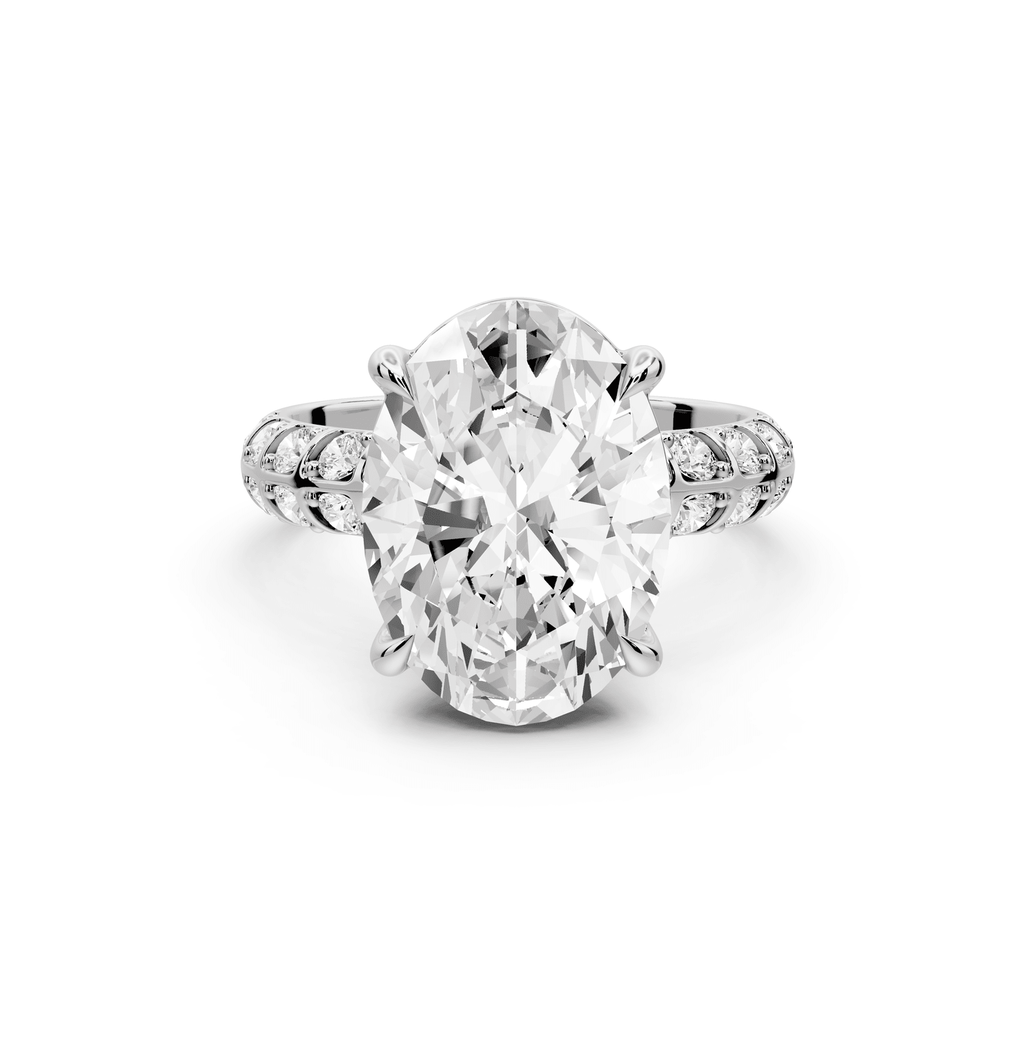 Jessica - 5ct 18k white gold Oval Split-Shank Engagement Ring with Double-Row Shared-Prong Pavé Band - Mr. Alex Jewelry