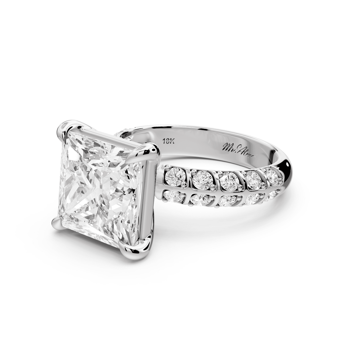 Jessica - 5ct 18k white gold Princess Split-Shank Engagement Ring with Double-Row Shared-Prong Pavé Band - Mr. Alex Jewelry