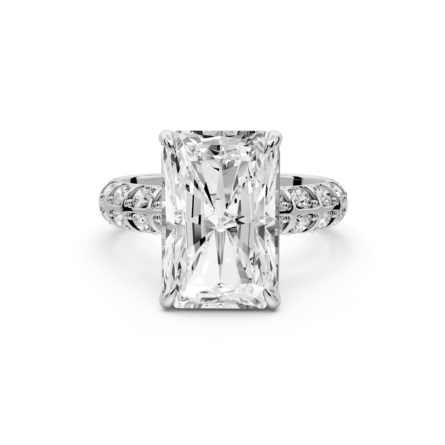 Jessica - 5ct 18k white gold Radiant Split-Shank Engagement Ring with Double-Row Shared-Prong Pavé Band - Mr. Alex Jewelry