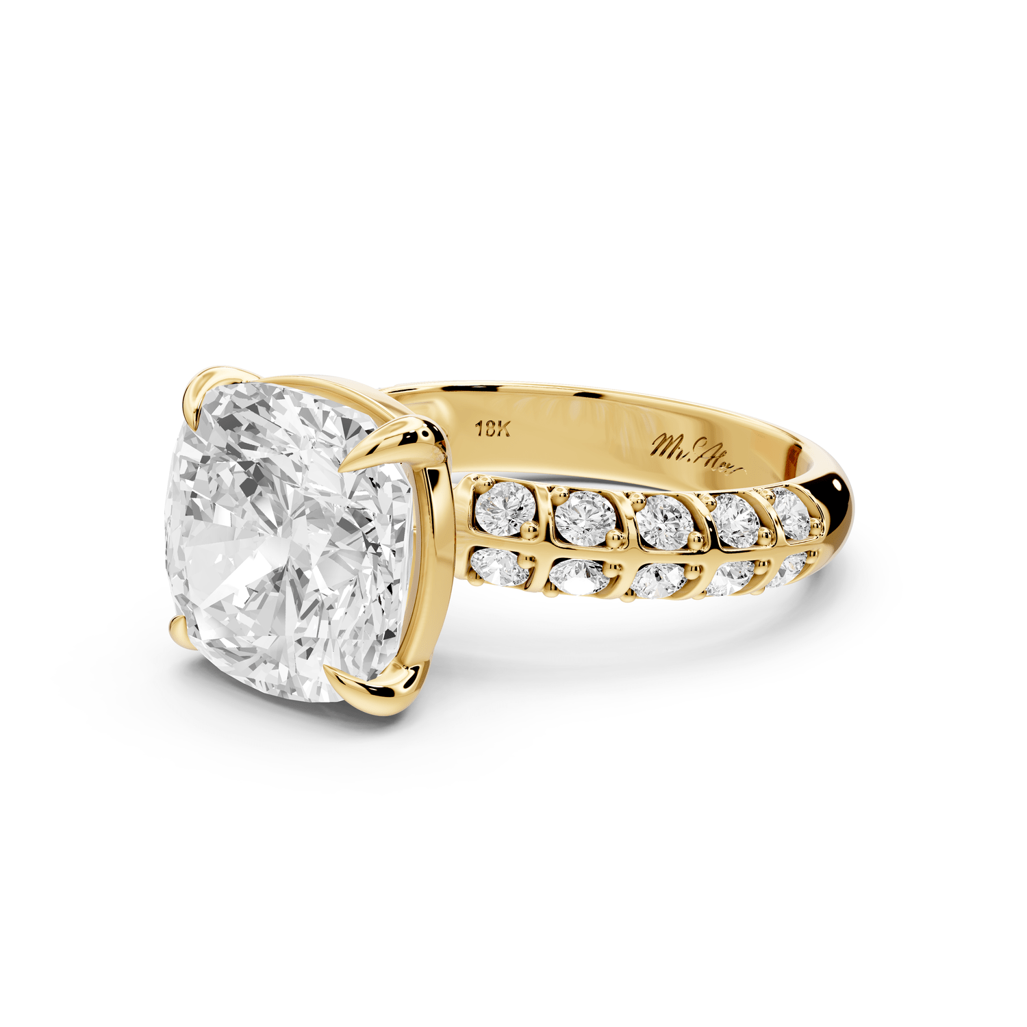Jessica - 5ct 18k yellow gold Cushion Split-Shank Engagement Ring with Double-Row Shared-Prong Pavé Band - Mr. Alex Jewelry