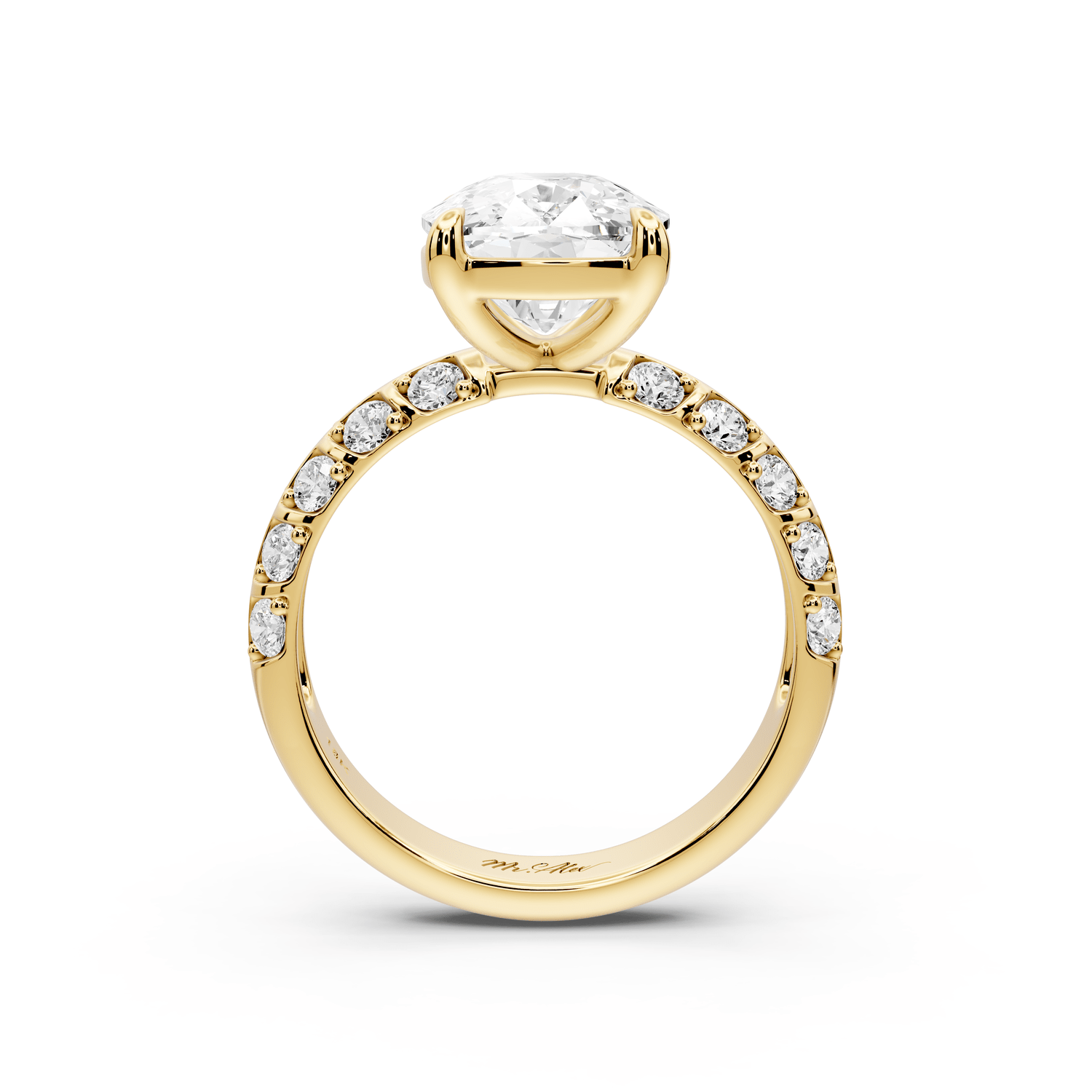 Jessica - 5ct 18k yellow gold Ecushion Split-Shank Engagement Ring with Double-Row Shared-Prong Pavé Band - Mr. Alex Jewelry