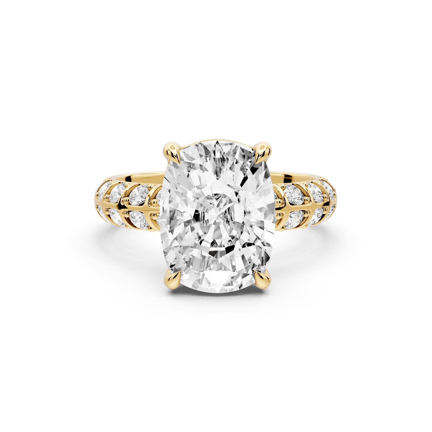 Jessica - 5ct 18k yellow gold Ecushion Split-Shank Engagement Ring with Double-Row Shared-Prong Pavé Band - Mr. Alex Jewelry