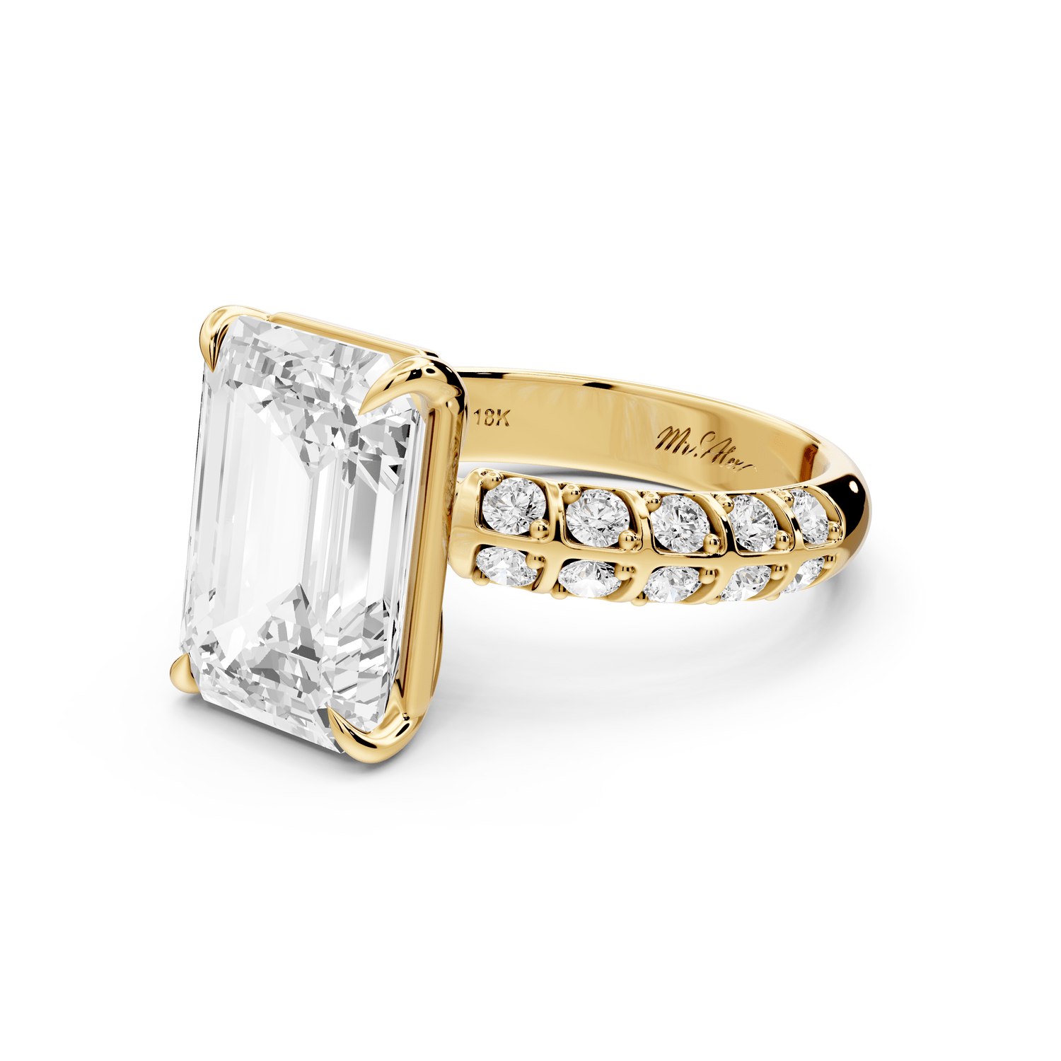 Jessica - 5ct 18k yellow gold Emerald Split-Shank Engagement Ring with Double-Row Shared-Prong Pavé Band - Mr. Alex Jewelry